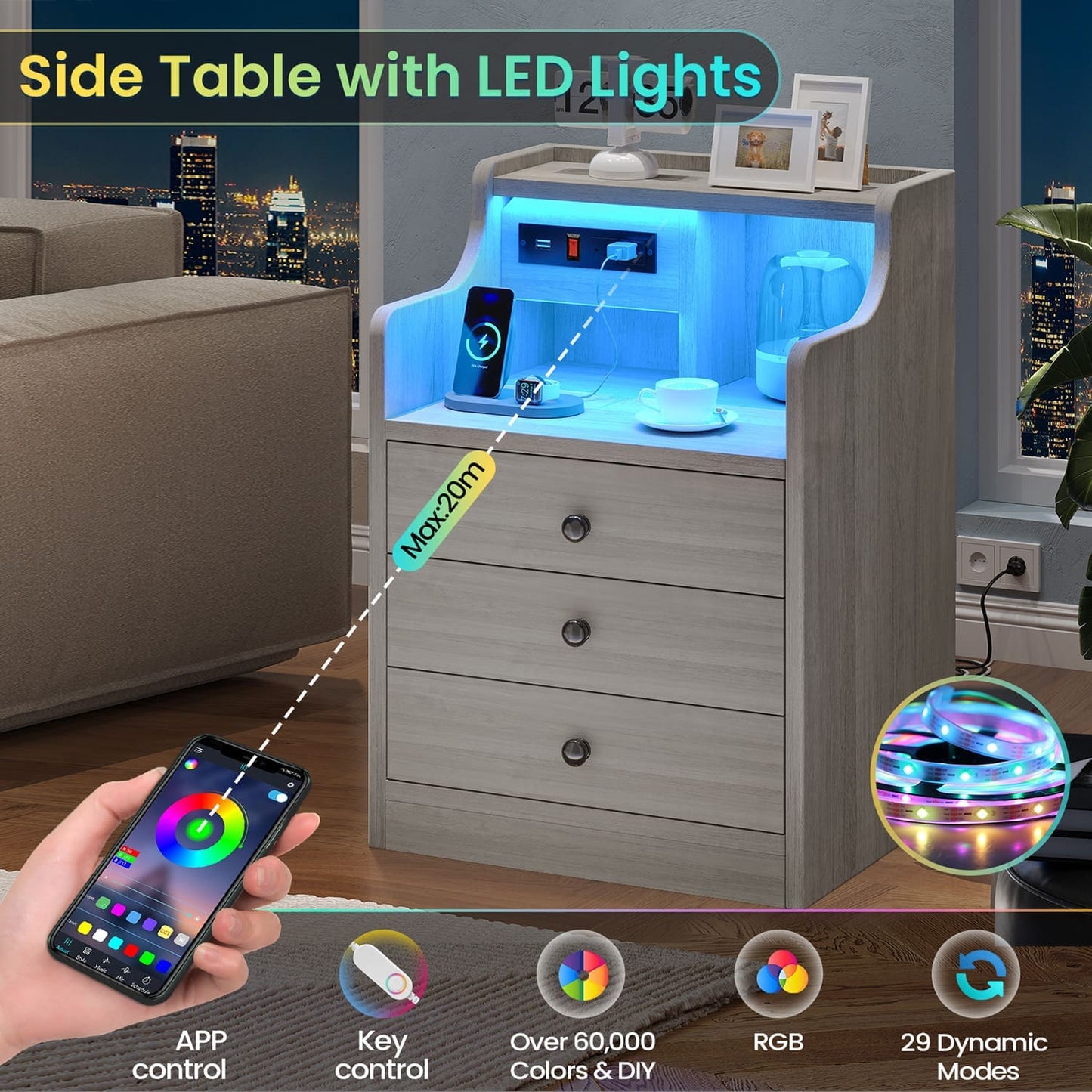 LED Nightstand with 3 Storage Drawers Grey