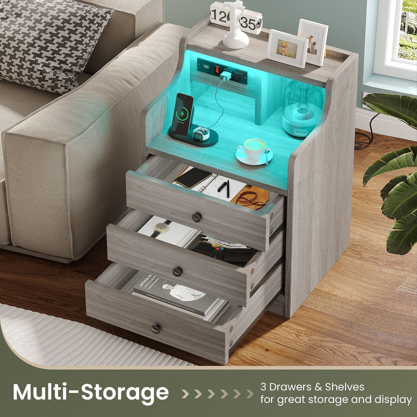 LED Nightstand with 3 Storage Drawers Grey