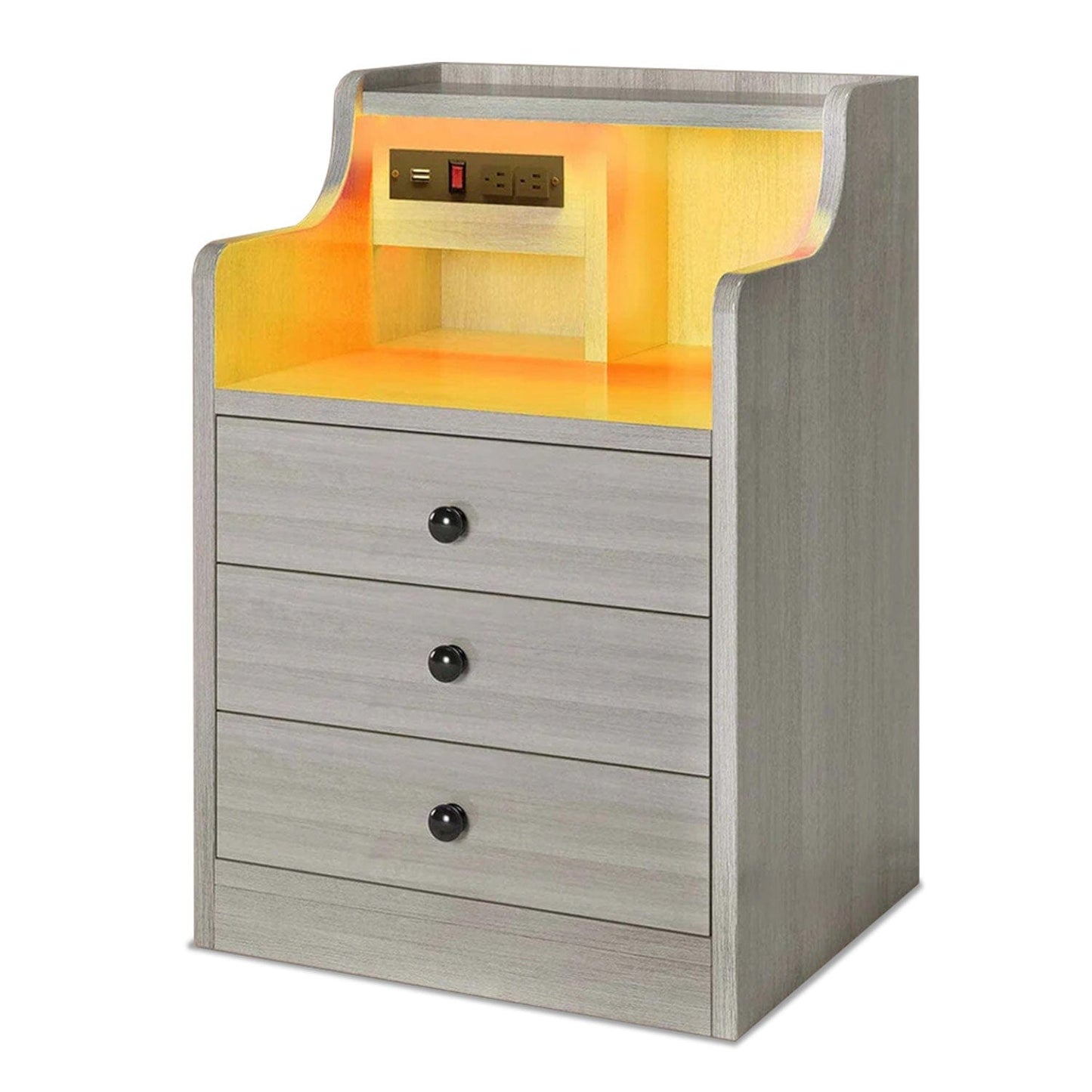 LED Nightstand with 3 Storage Drawers Grey