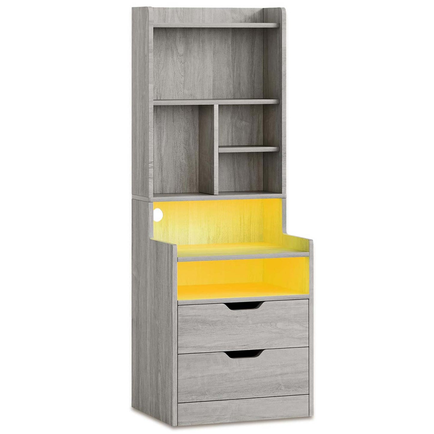 LED Tall Nightstand with Bookshelf Charging Station Grey
