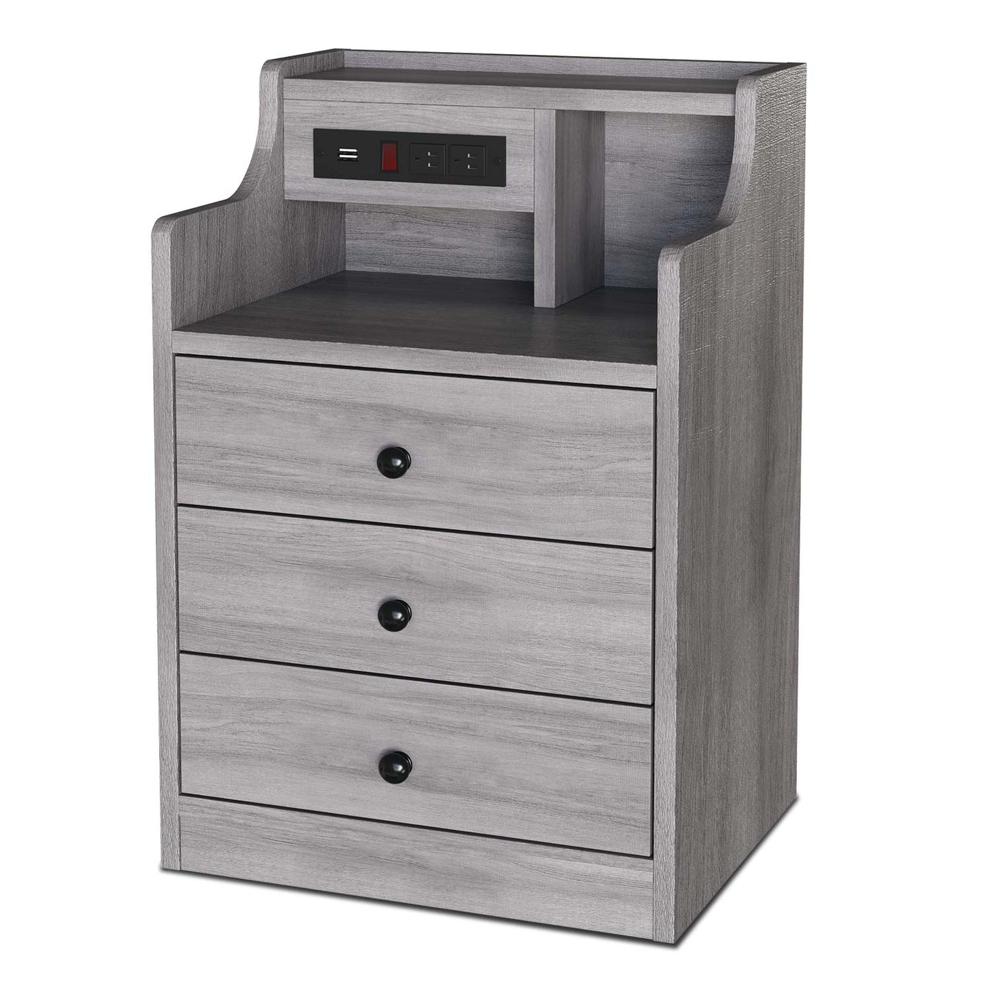 Nightstand with 3 Drawers Charging Station Grey