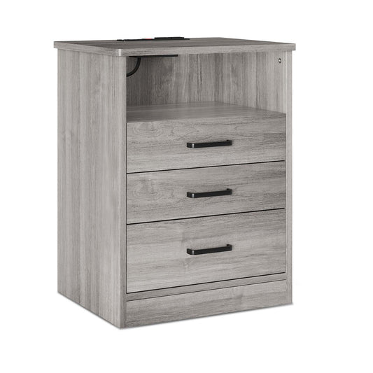 Nightstand with 3 Drawers Charging Station Grey