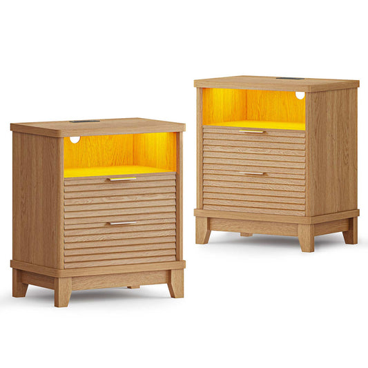 2PCS Fluted Nightstand with Charging Station and Led Lights Natural