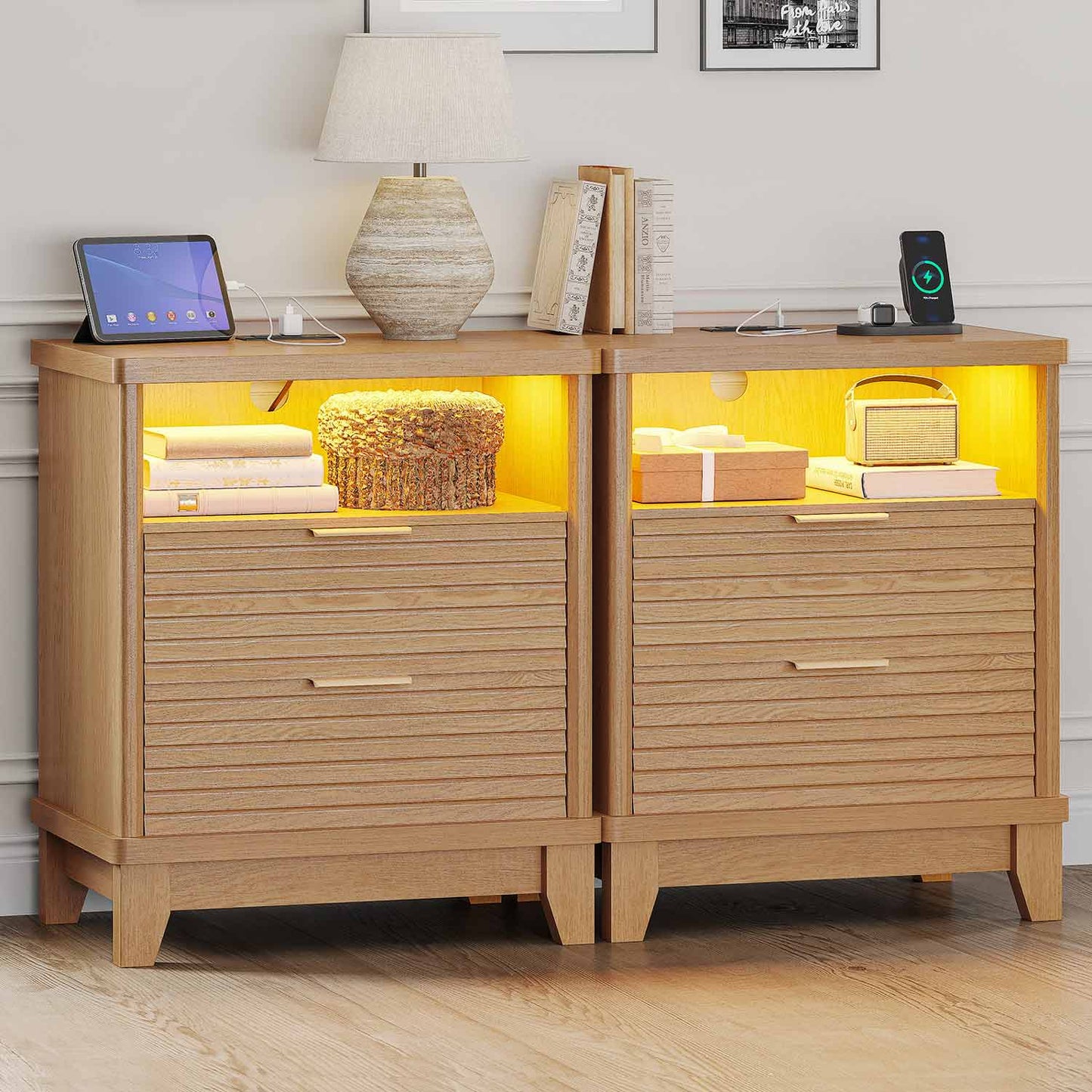 2PCS Fluted Nightstand with Charging Station and Led Lights Natural