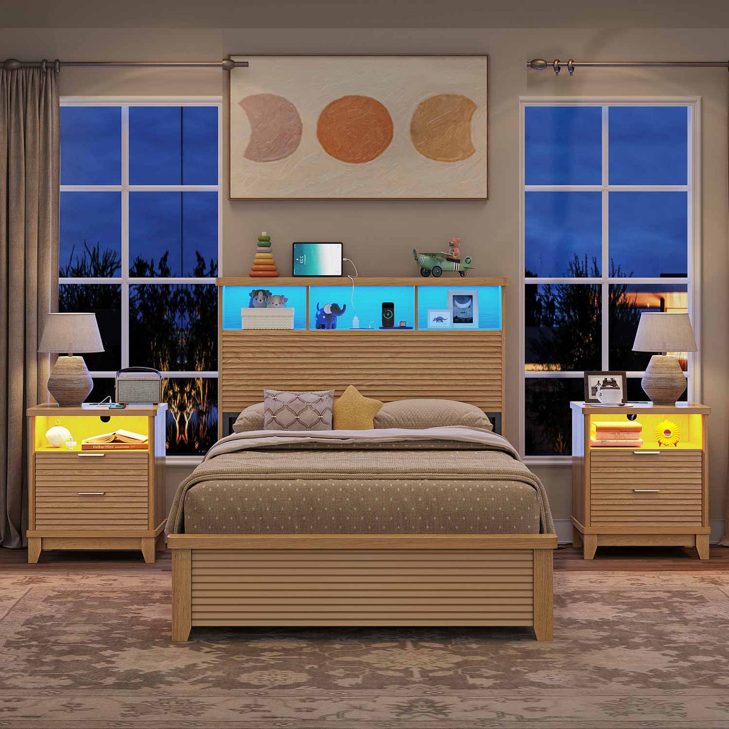 2PCS Fluted Nightstand with Charging Station and Led Lights Natural