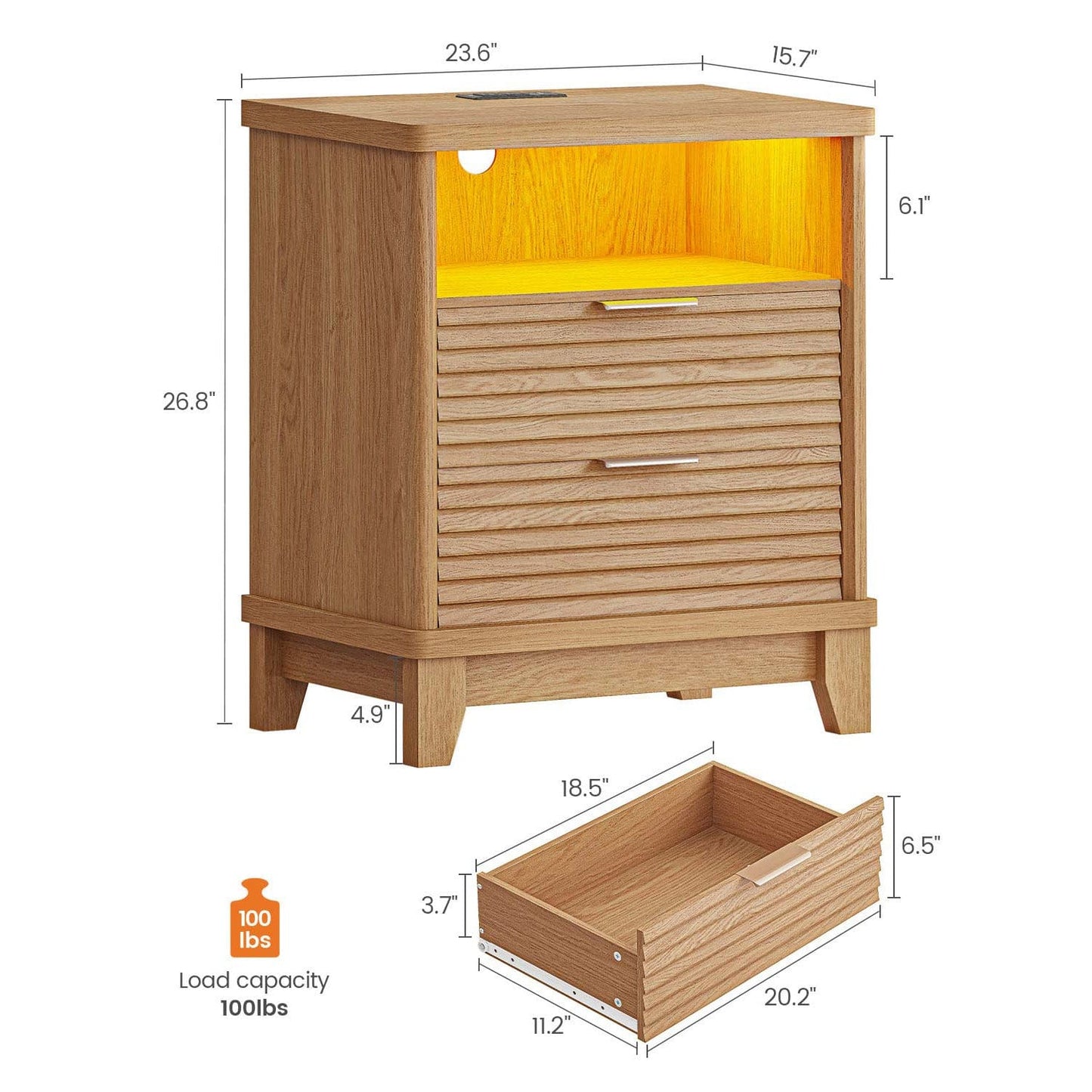 2PCS Fluted Nightstand with Charging Station and Led Lights Natural