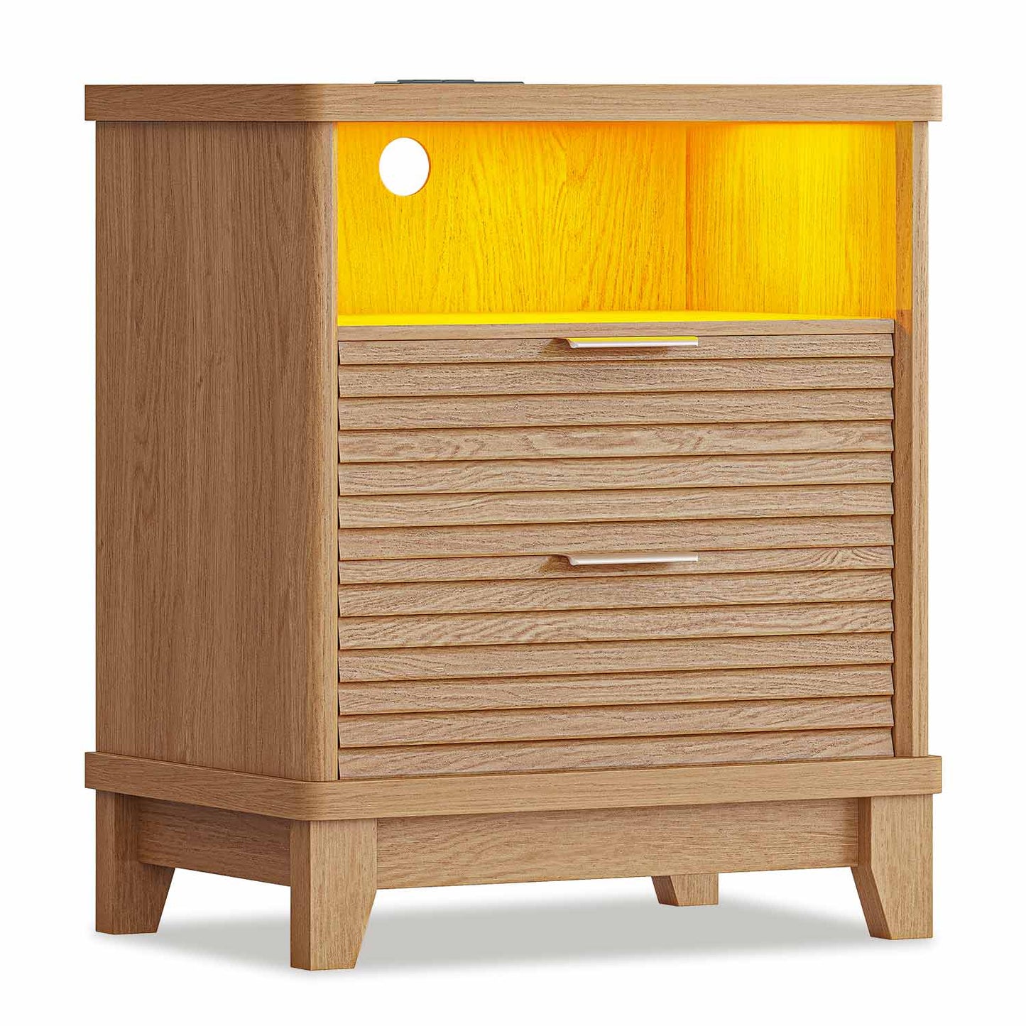 Fluted Nightstand with Charging Station and Led Lights Natural