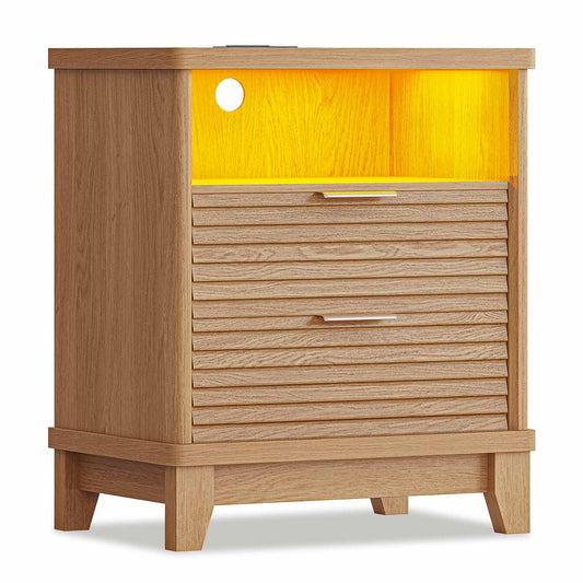 Fluted Nightstand with Charging Station and Led Lights Natural