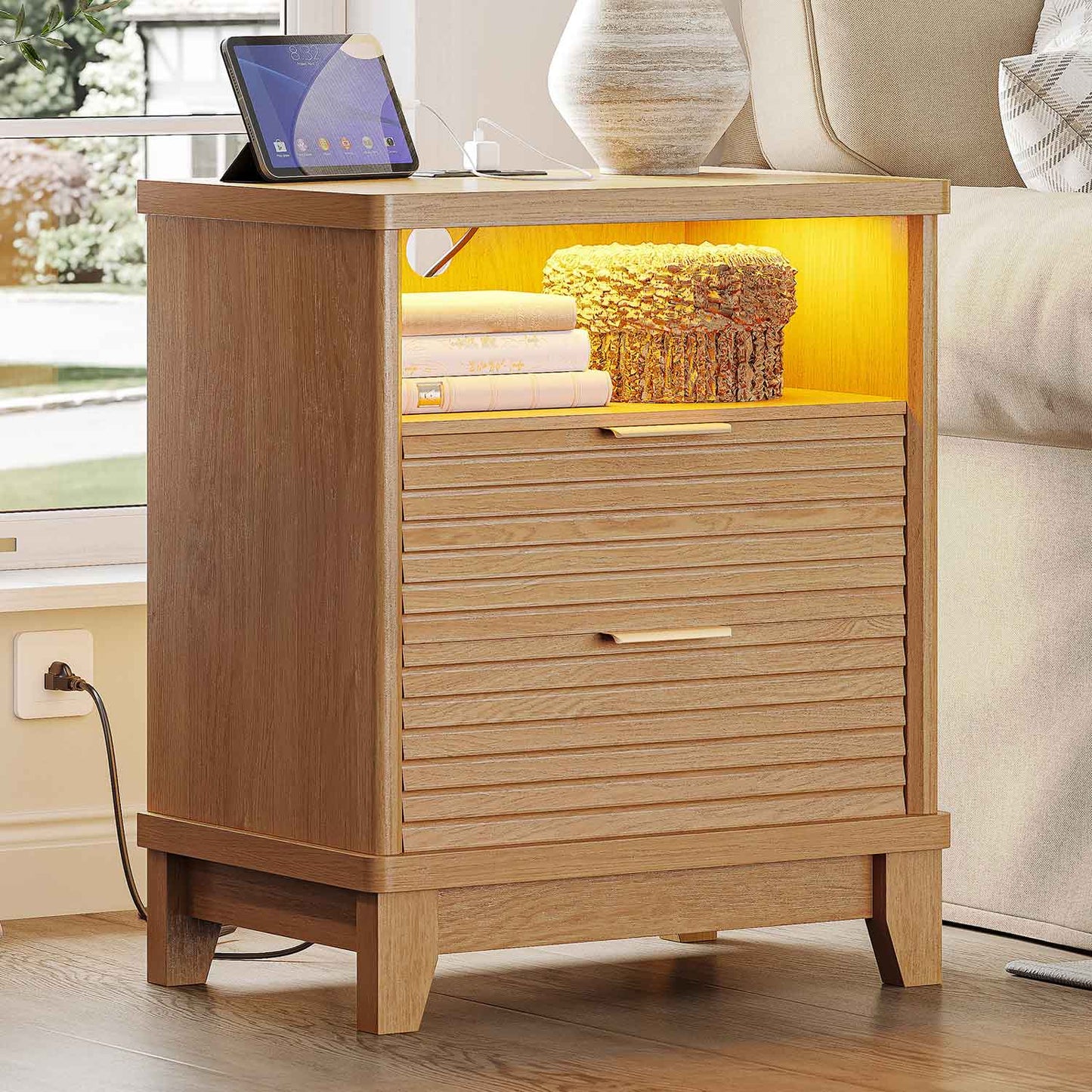 2PCS Fluted Nightstand with Charging Station and Led Lights Natural