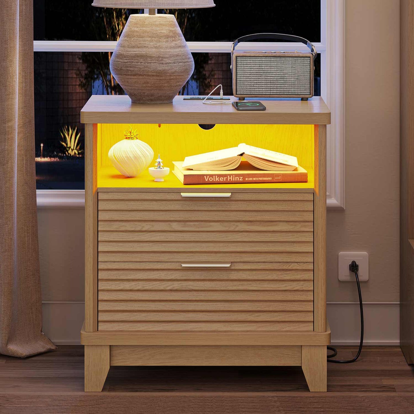 2PCS Fluted Nightstand with Charging Station and Led Lights Natural