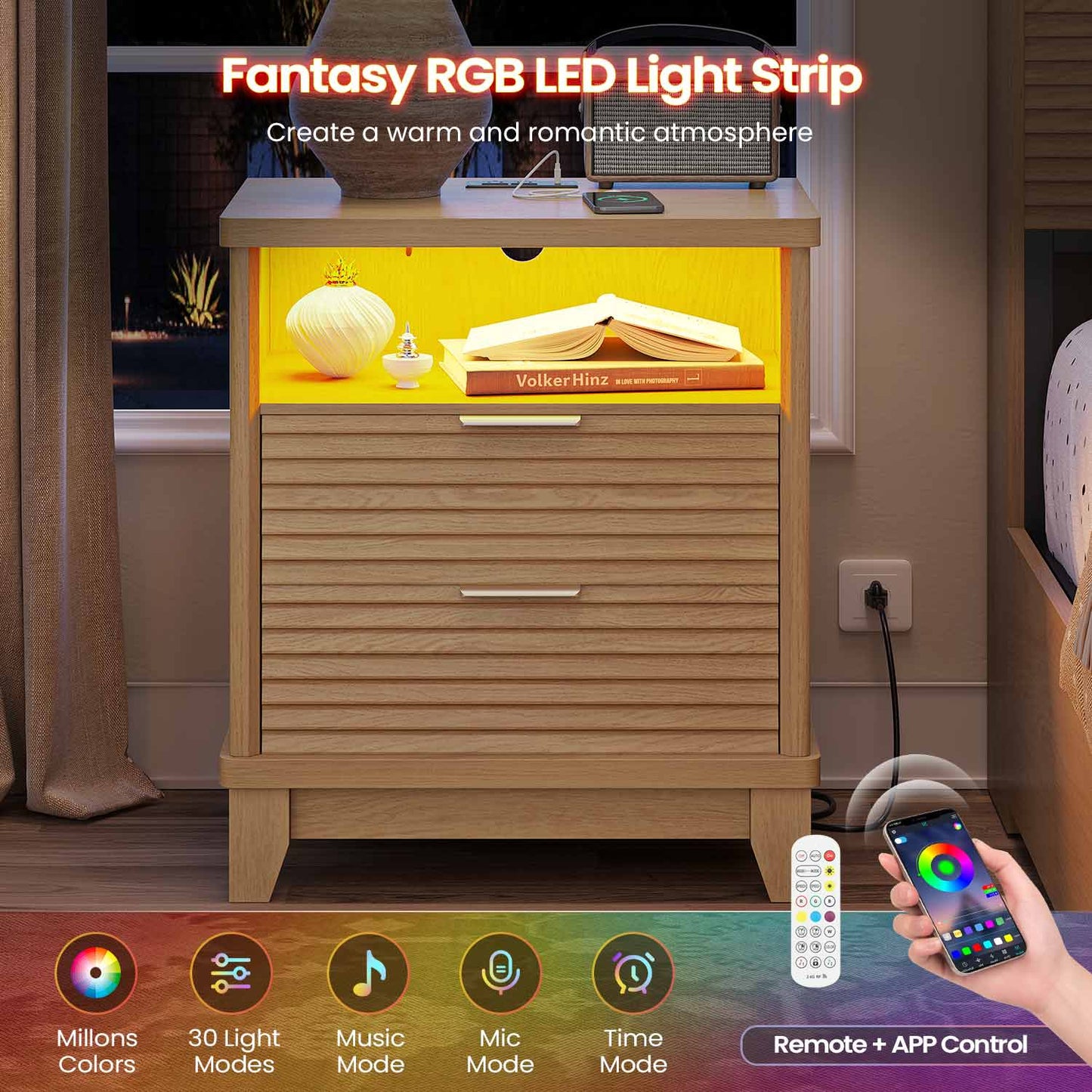 2PCS Fluted Nightstand with Charging Station and Led Lights Natural