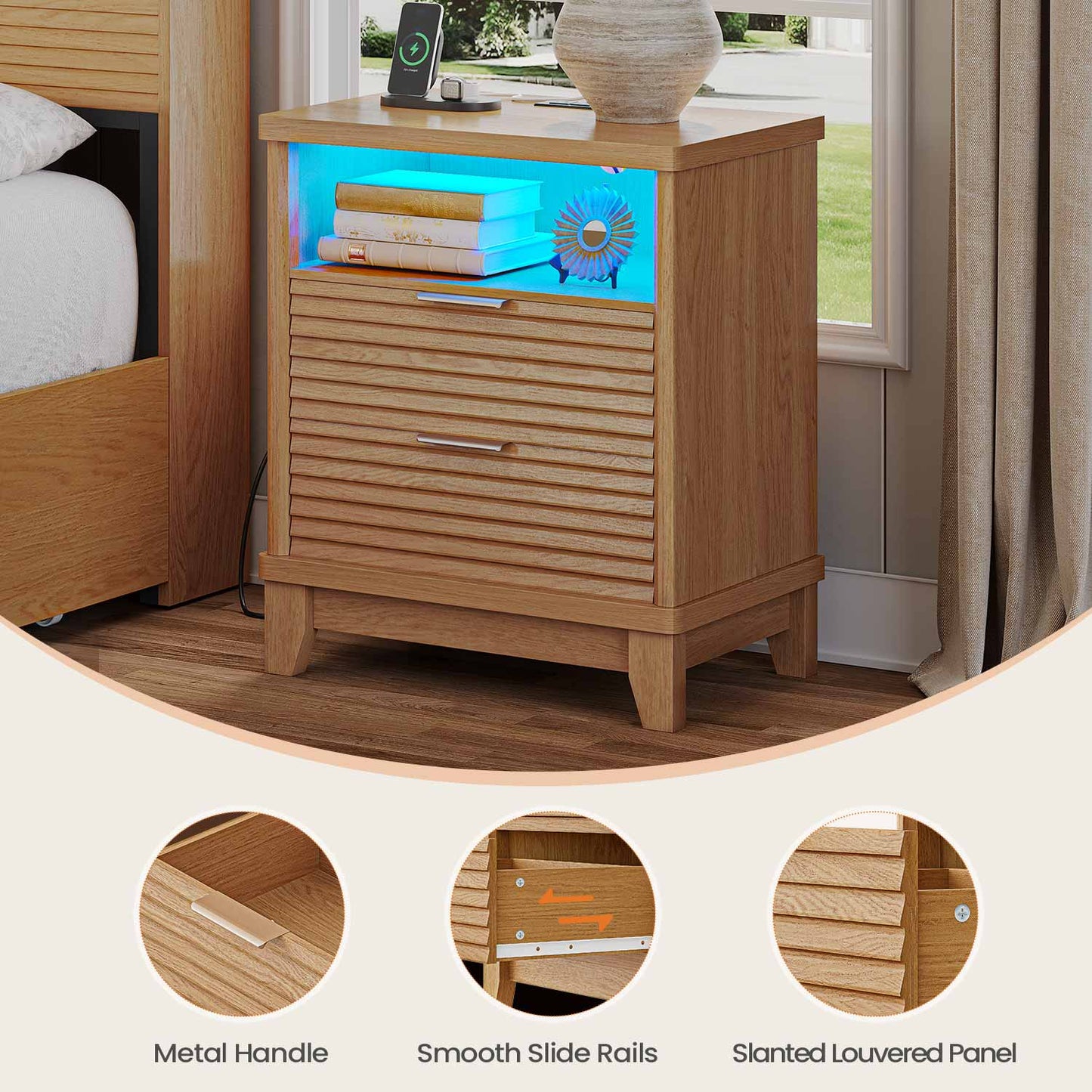 2PCS Fluted Nightstand with Charging Station and Led Lights Natural
