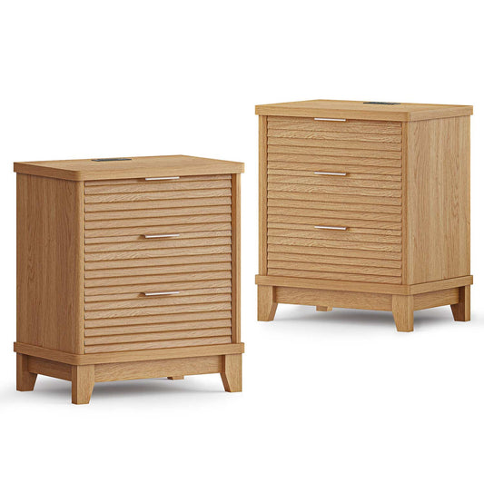 2PCS Fluted Nightstand with Charging Station and 3 Drawers Natural