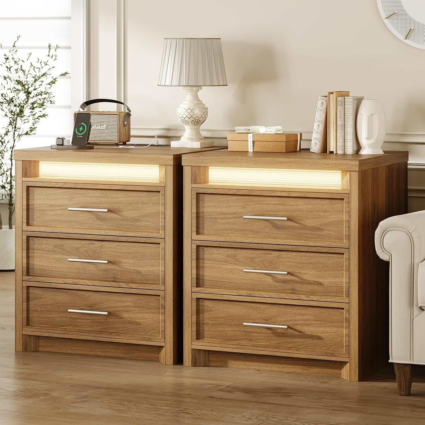 2PCS Nightstand with 3 Drawers and Led Lights Natural