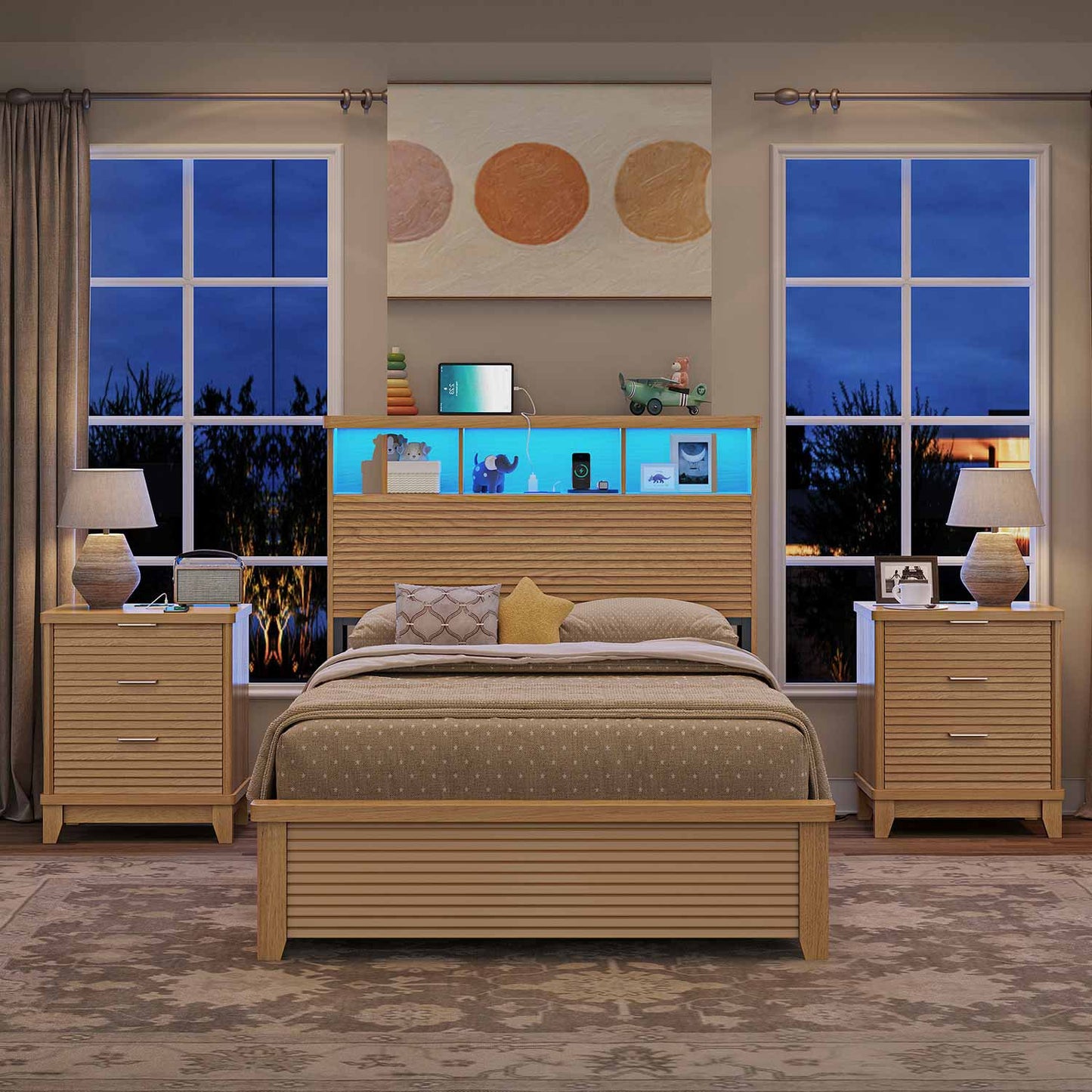 2PCS Fluted Nightstand with Charging Station and 3 Drawers Natural