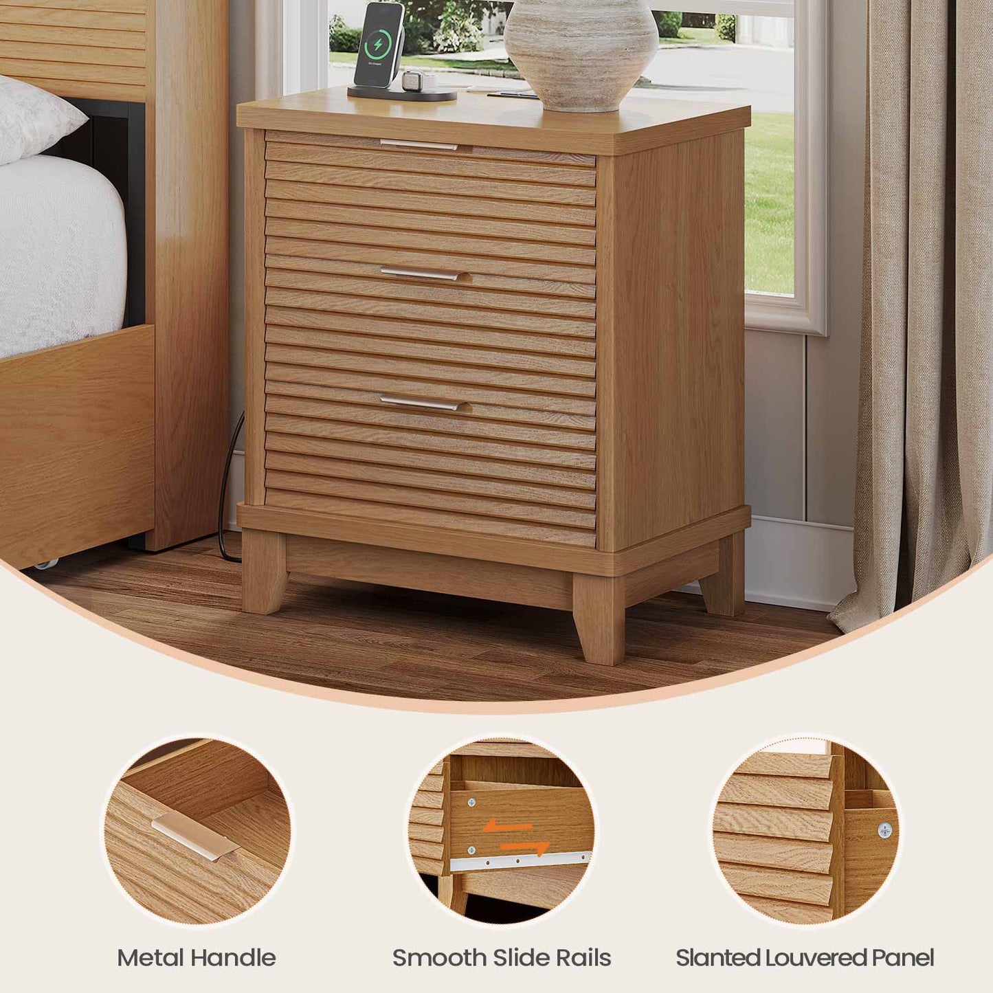 2PCS Fluted Nightstand with Charging Station and 3 Drawers Natural