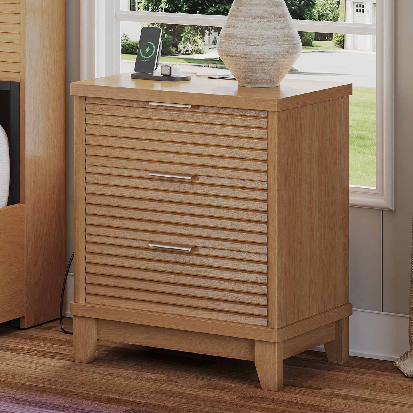 2PCS Fluted Nightstand with Charging Station and 3 Drawers Natural