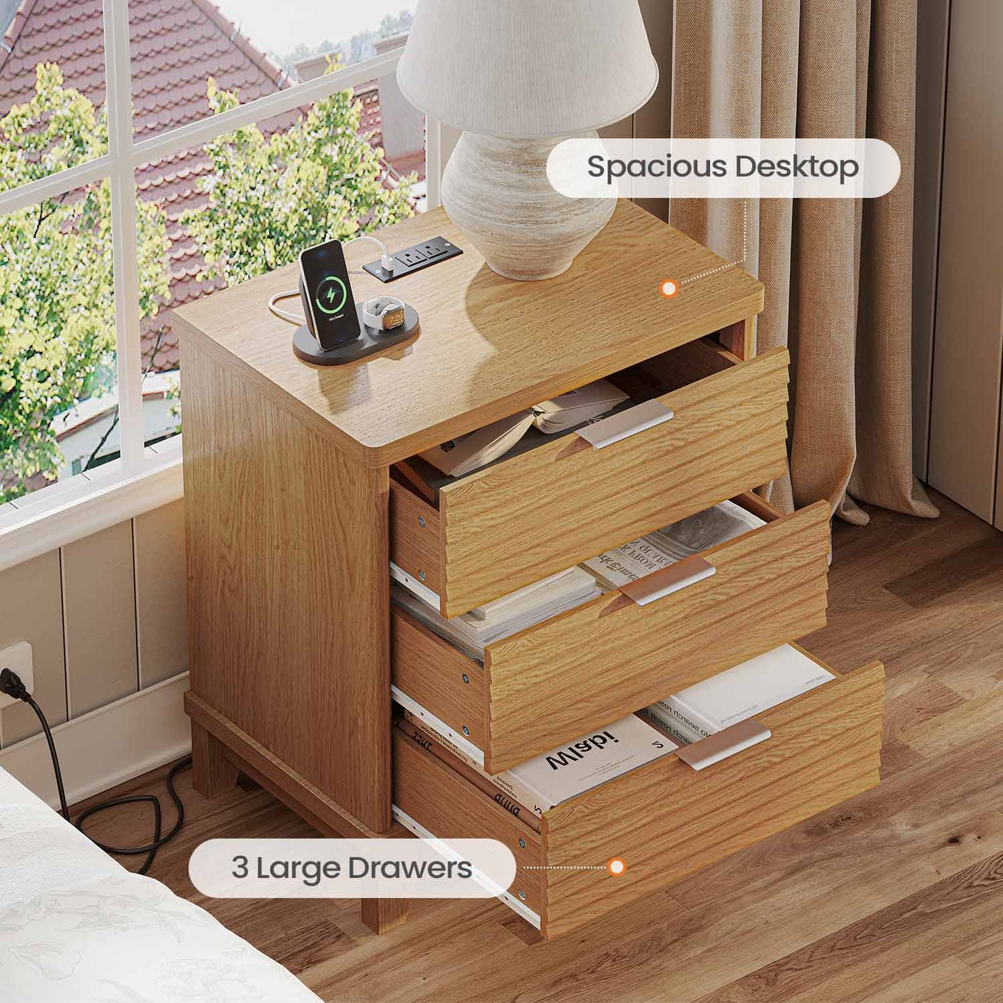 2PCS Fluted Nightstand with Charging Station and 3 Drawers Natural