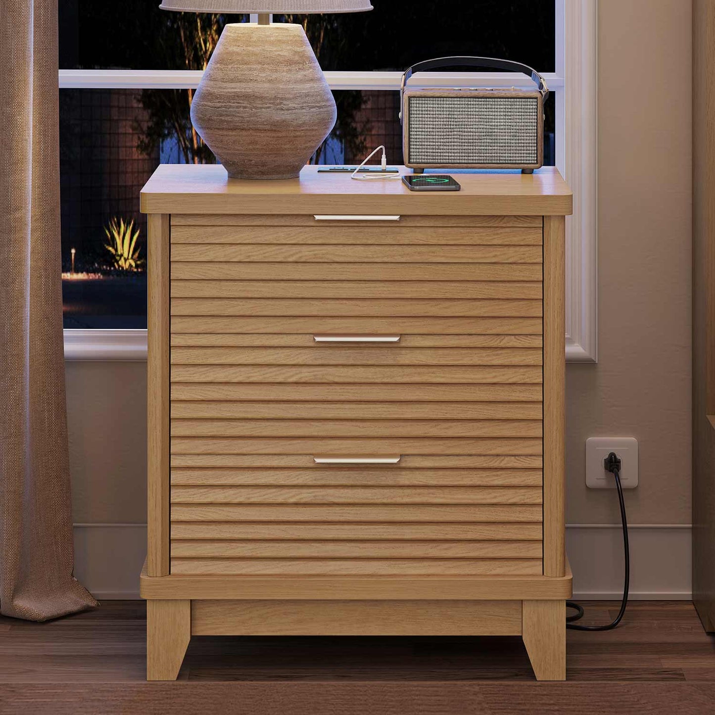 2PCS Fluted Nightstand with Charging Station and 3 Drawers Natural