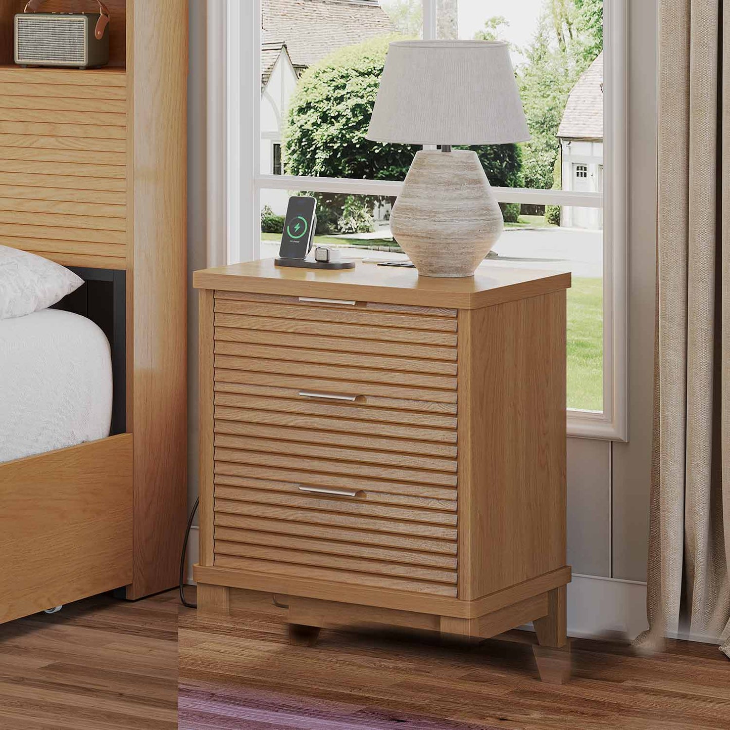 2PCS Fluted Nightstand with Charging Station and 3 Drawers Natural
