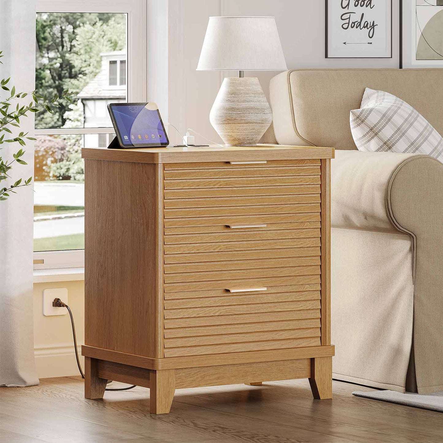 2PCS Fluted Nightstand with Charging Station and 3 Drawers Natural