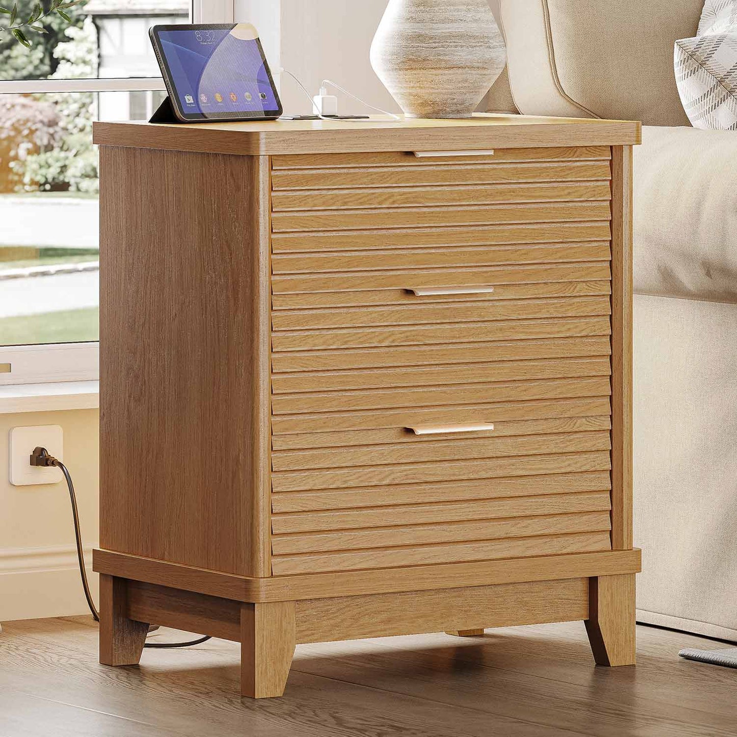 2PCS Fluted Nightstand with Charging Station and 3 Drawers Natural
