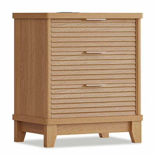 Fluted Nightstand with Charging Station and 3 Drawers Natural