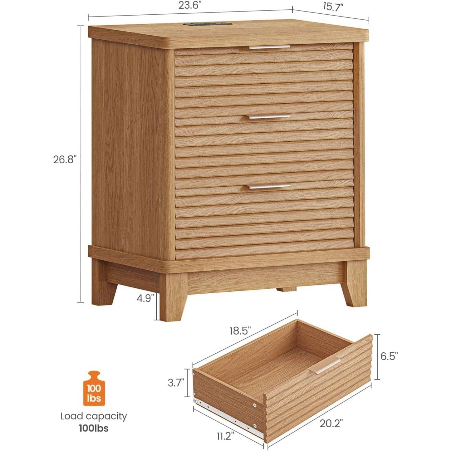 2PCS Fluted Nightstand with Charging Station and 3 Drawers Natural