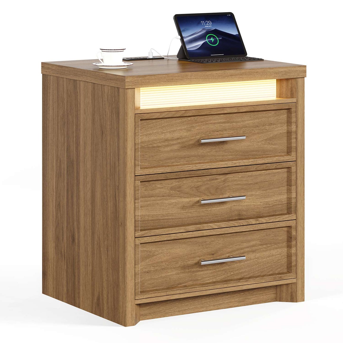 2PCS Nightstand with 3 Drawers and Led Lights Natural