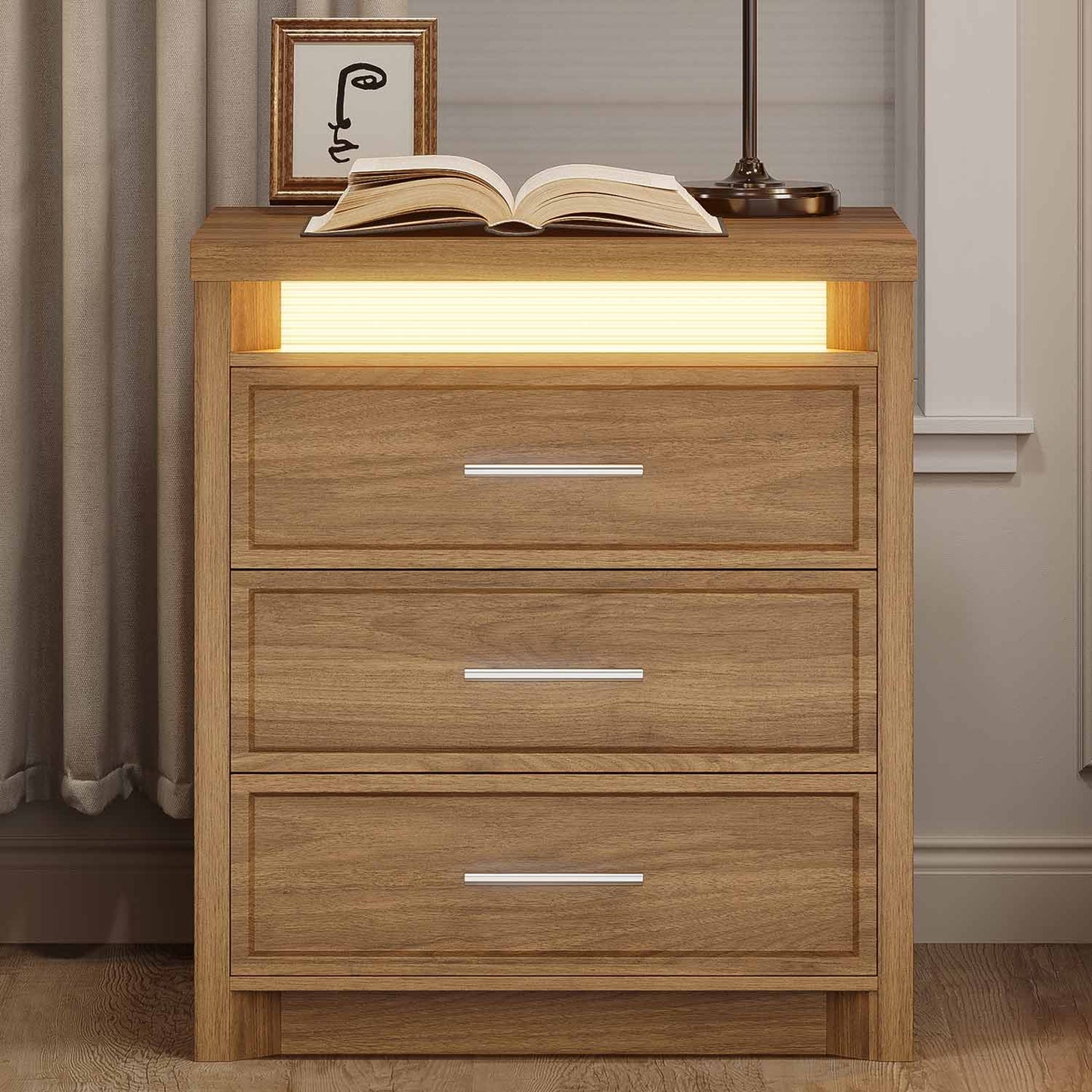 2PCS Nightstand with 3 Drawers and Led Lights Natural