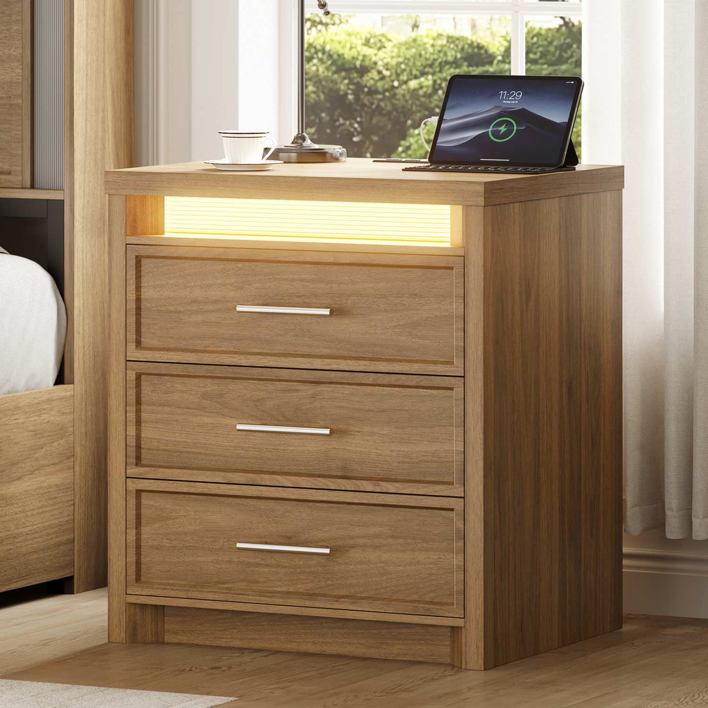 2PCS Nightstand with 3 Drawers and Led Lights Natural
