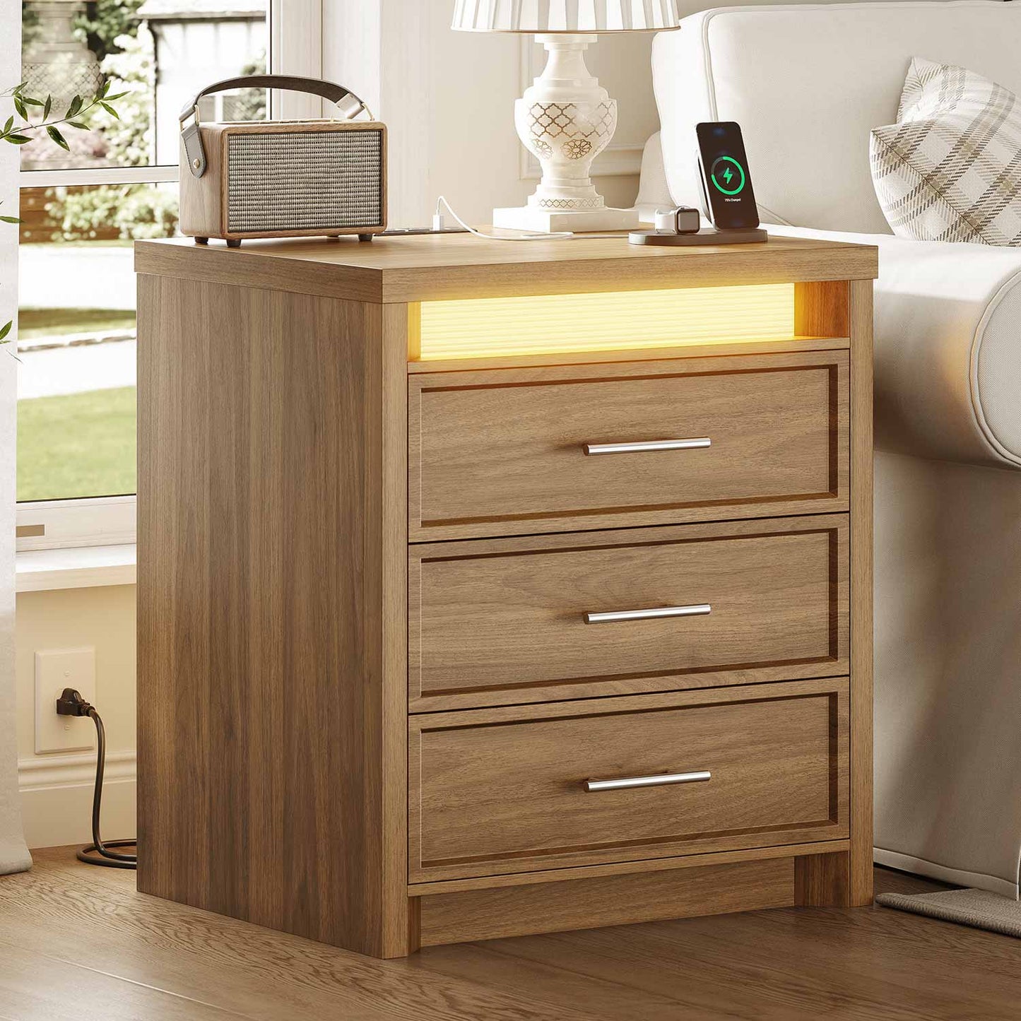 2PCS Nightstand with 3 Drawers and Led Lights Natural