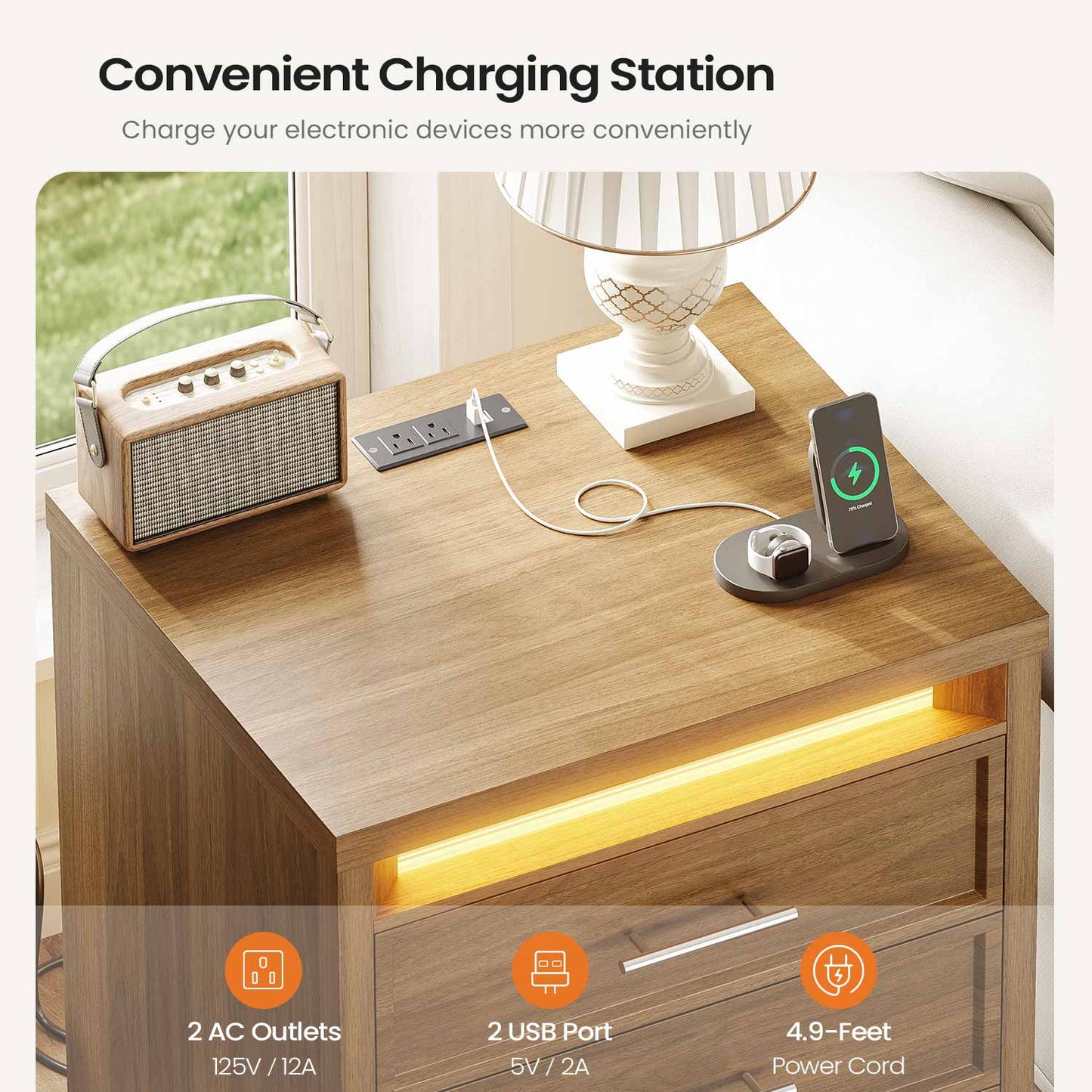 2PCS Nightstand with 3 Drawers and Led Lights Natural