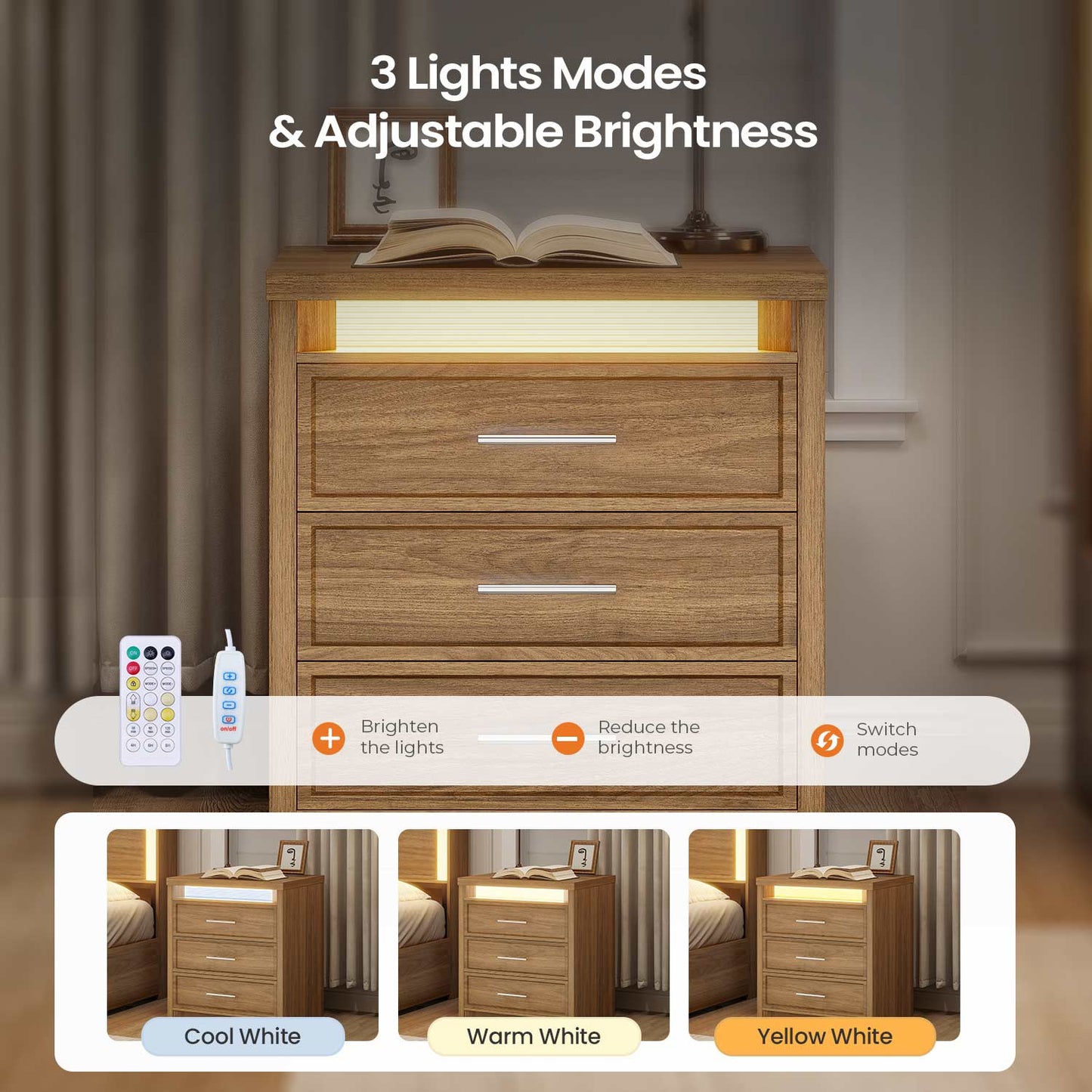 2PCS Nightstand with 3 Drawers and Led Lights Natural