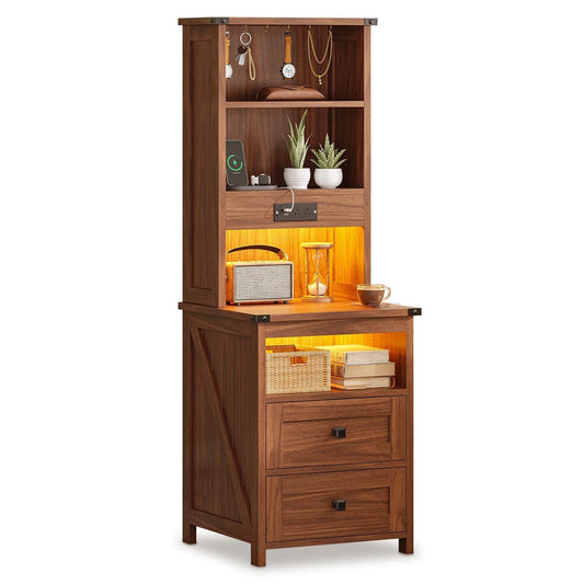 Tall Nightstand with Charging Station and Bookshelf Oak Brown
