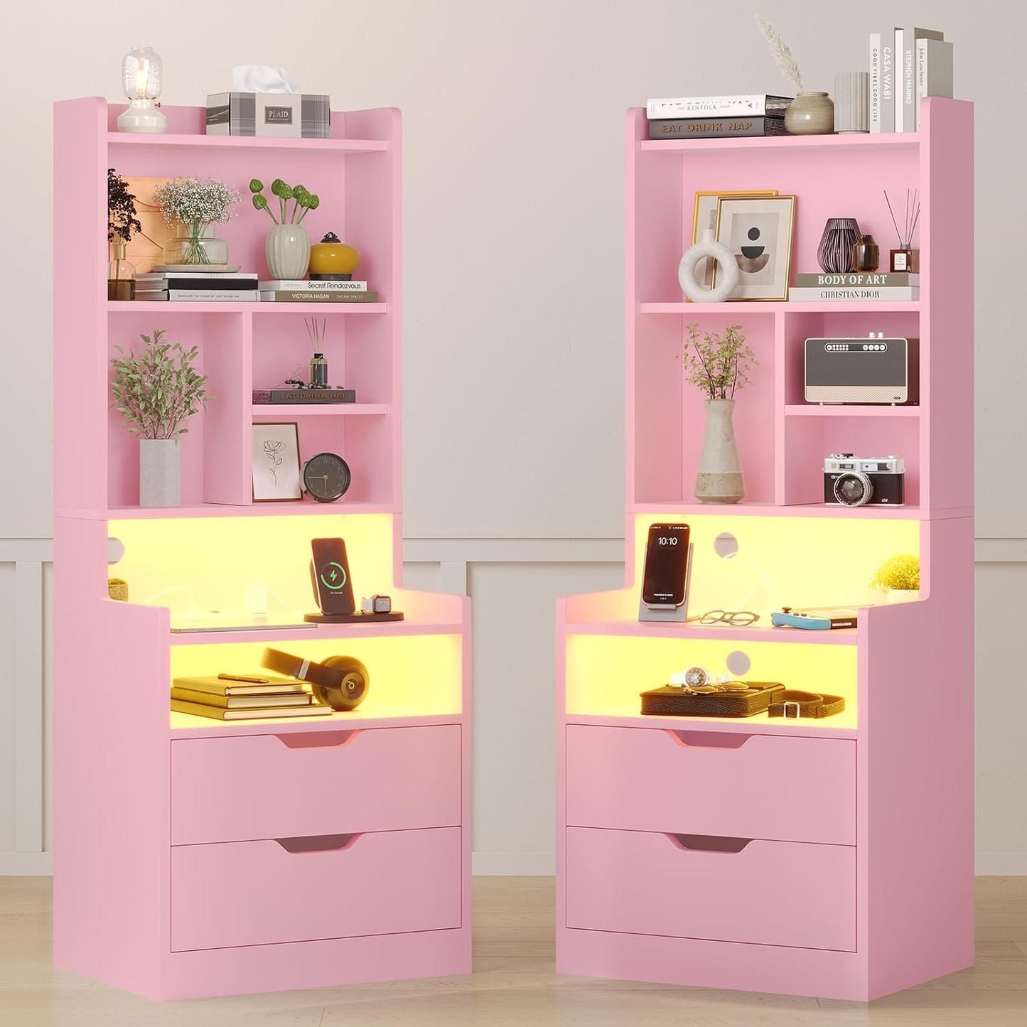 2PCS LED Tall Nightstand with Bookshelf Charging Station Pink
