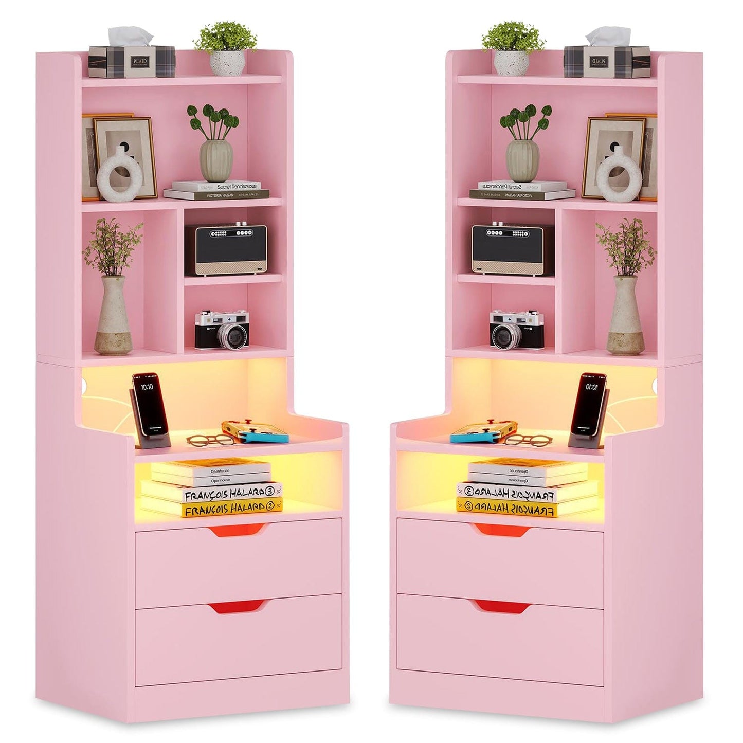 2PCS LED Tall Nightstand with Bookshelf Charging Station Pink