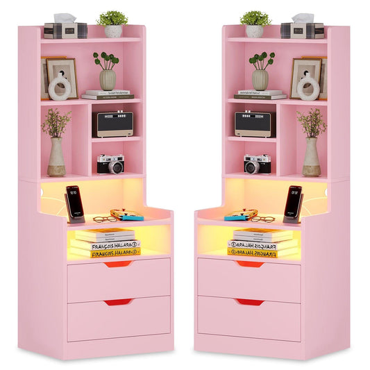 2PCS LED Tall Nightstand with Bookshelf Charging Station Pink