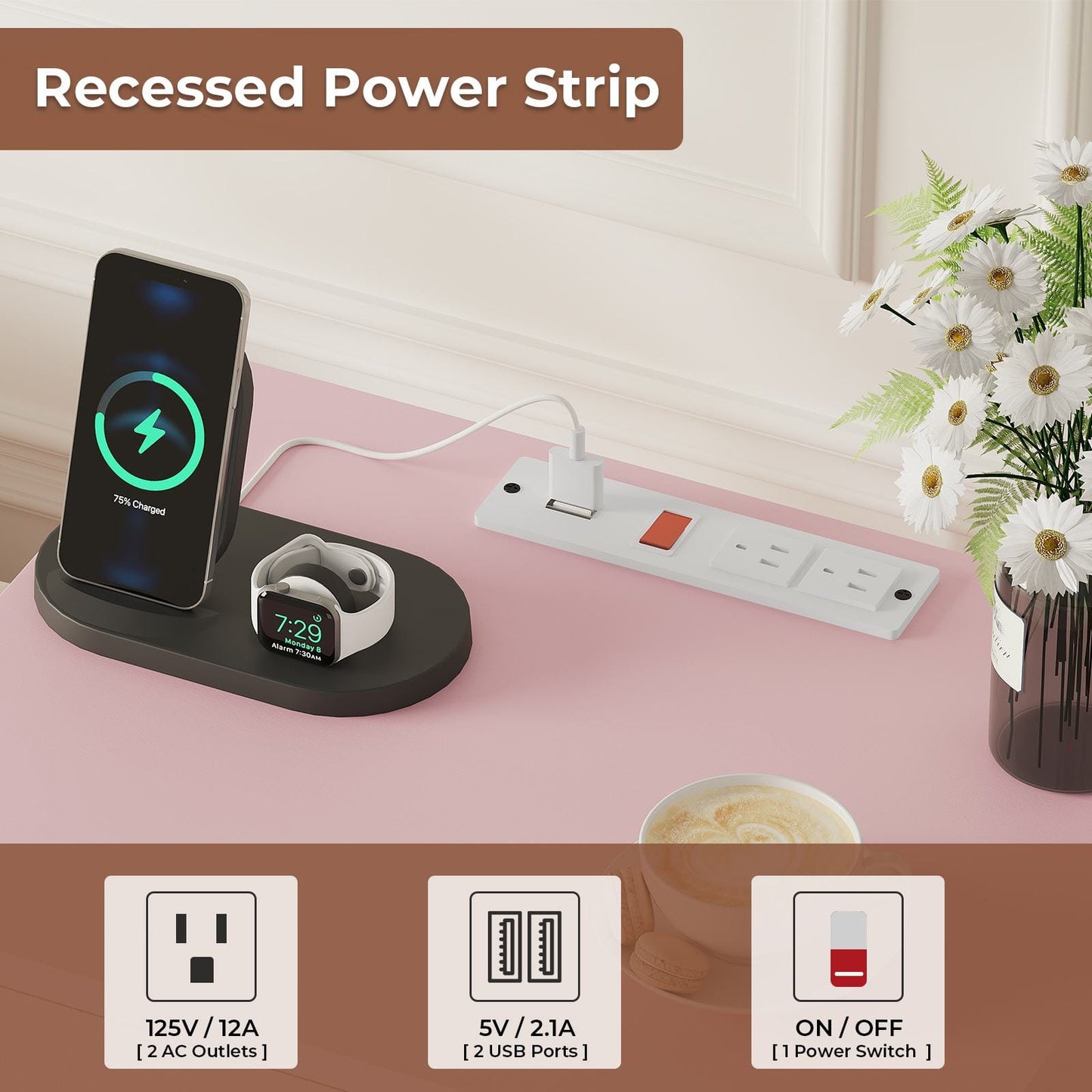 2Pcs Nightstand with Charging Station Pink