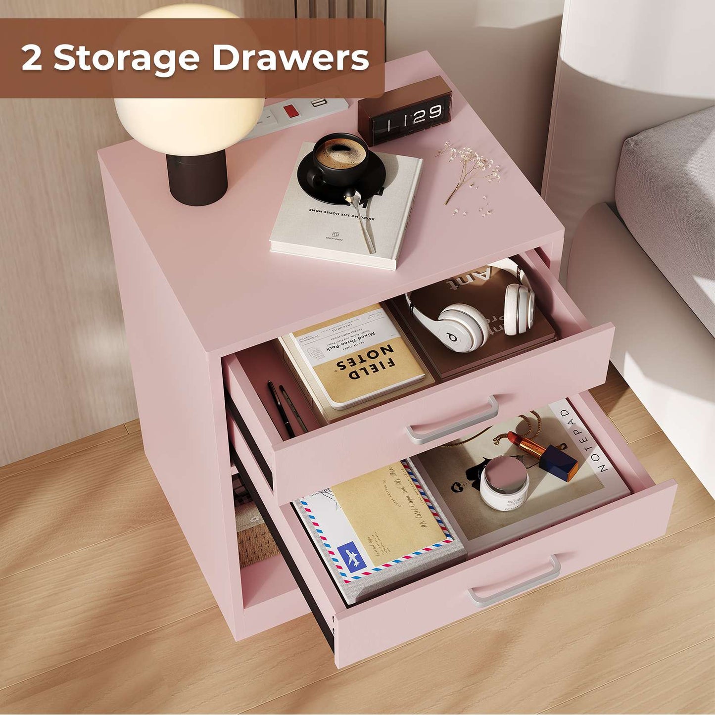 2Pcs Nightstand with Charging Station Pink
