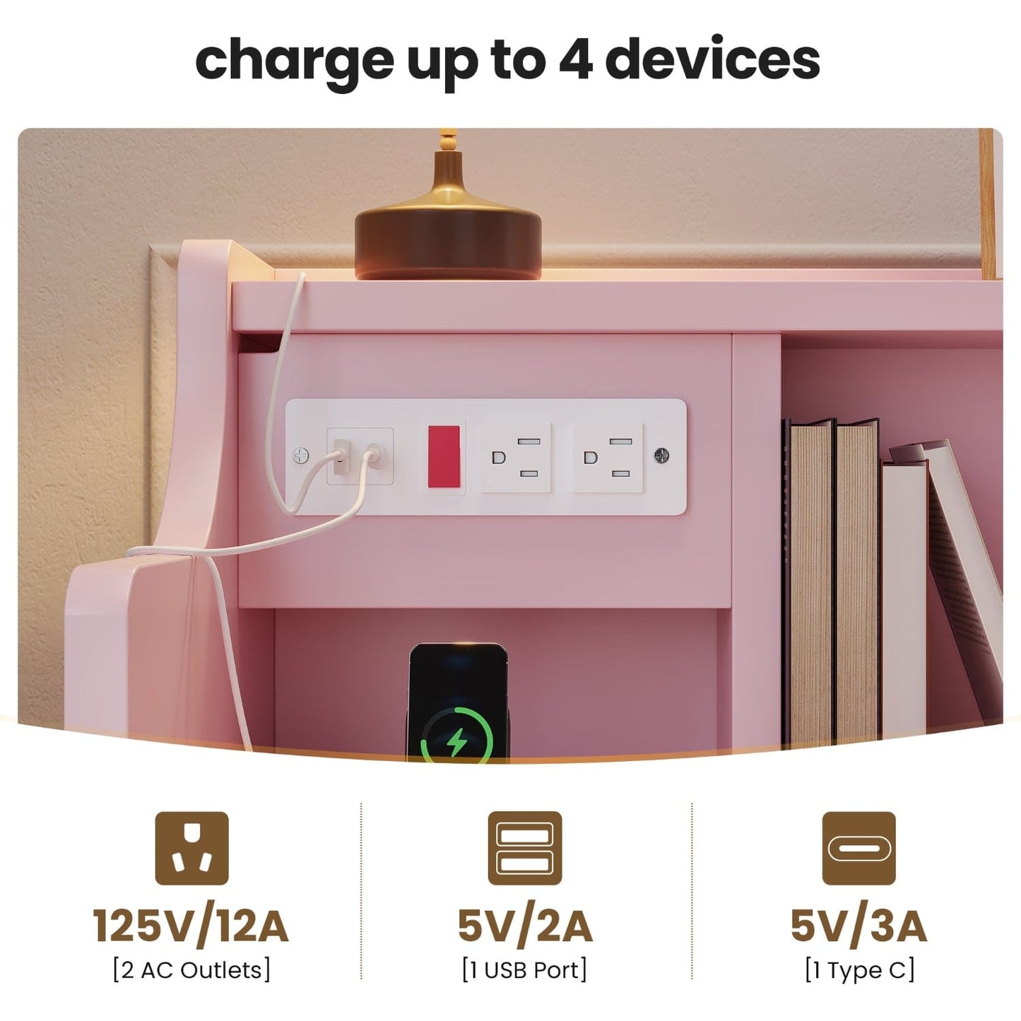 LED Nightstand with 3 Storage Drawers Pink