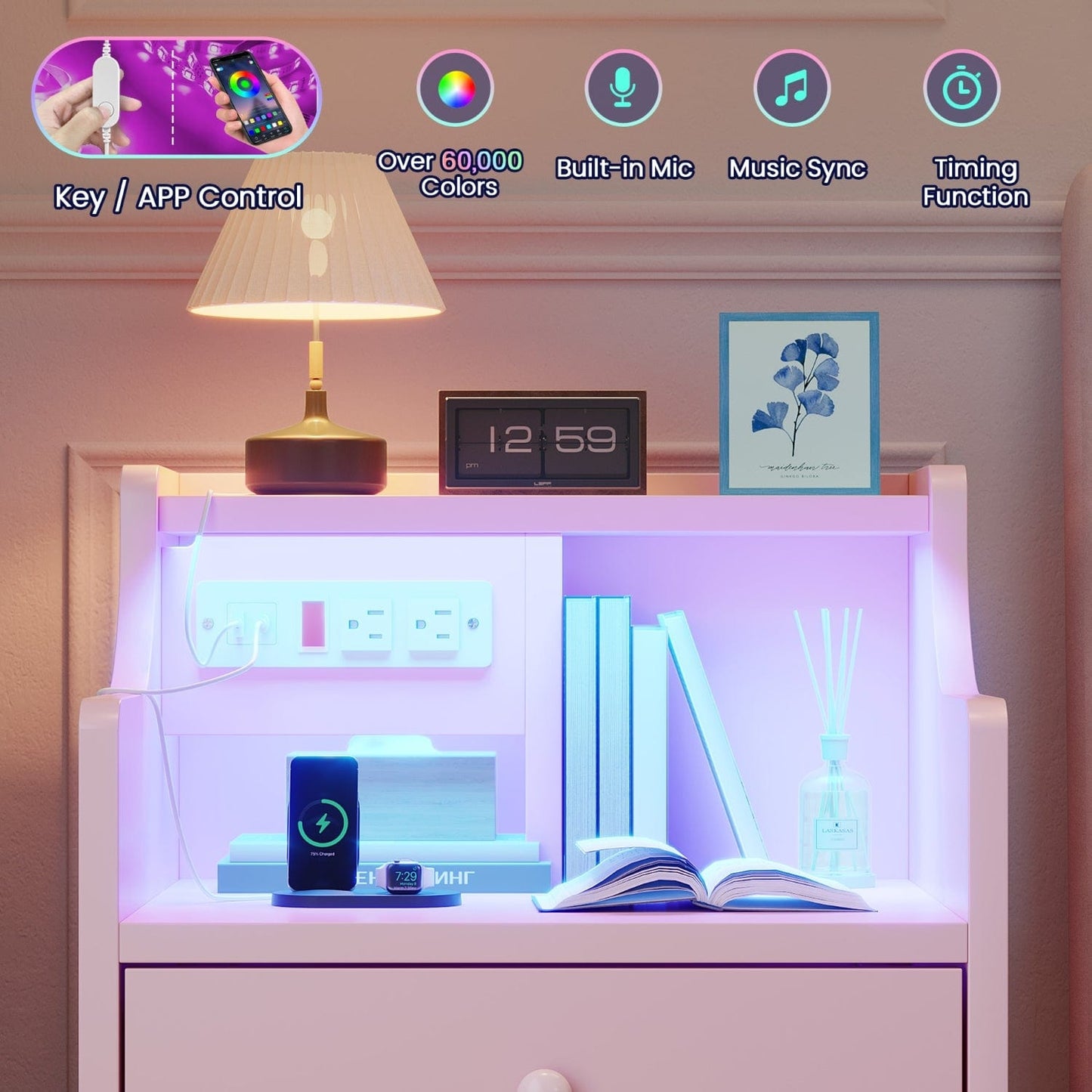 LED Nightstand with 3 Storage Drawers Pink