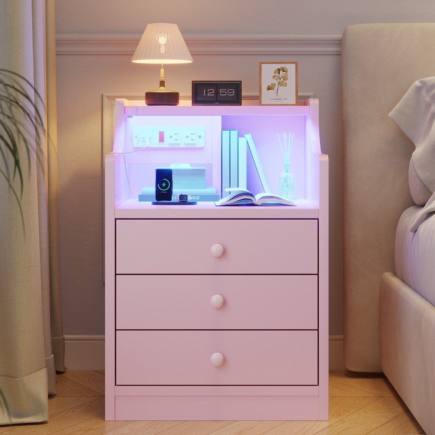 LED Nightstand with 3 Storage Drawers Pink