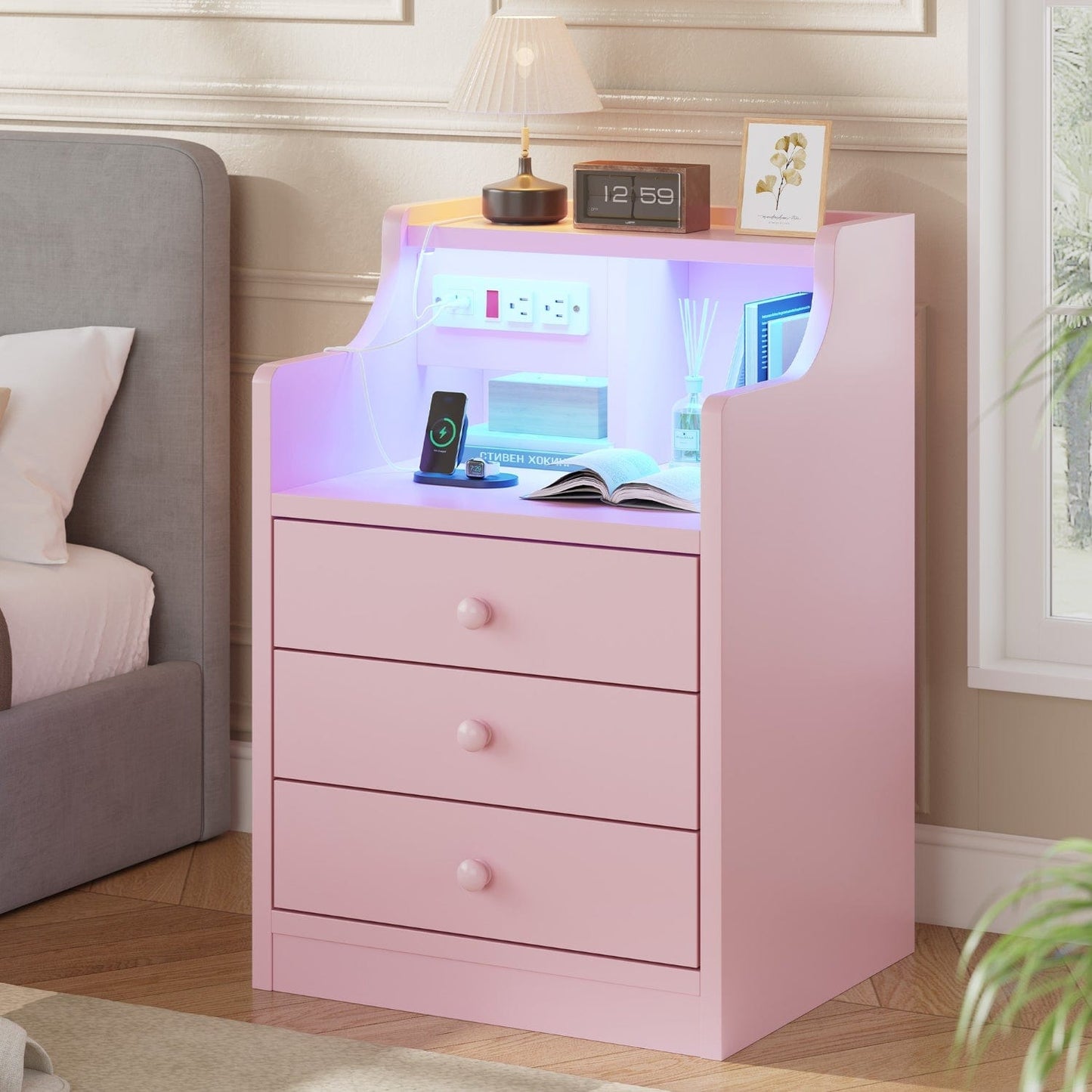 LED Nightstand with 3 Storage Drawers Pink