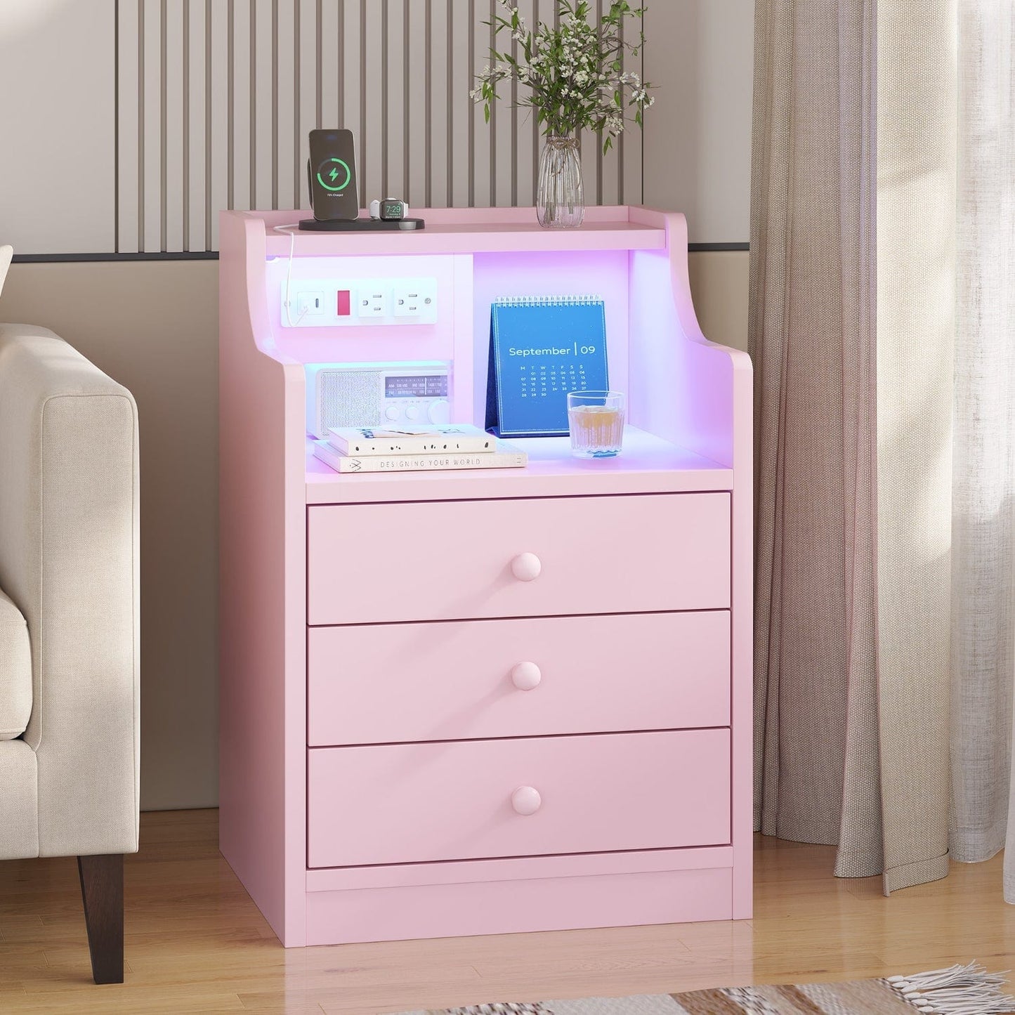 LED Nightstand with 3 Storage Drawers Pink