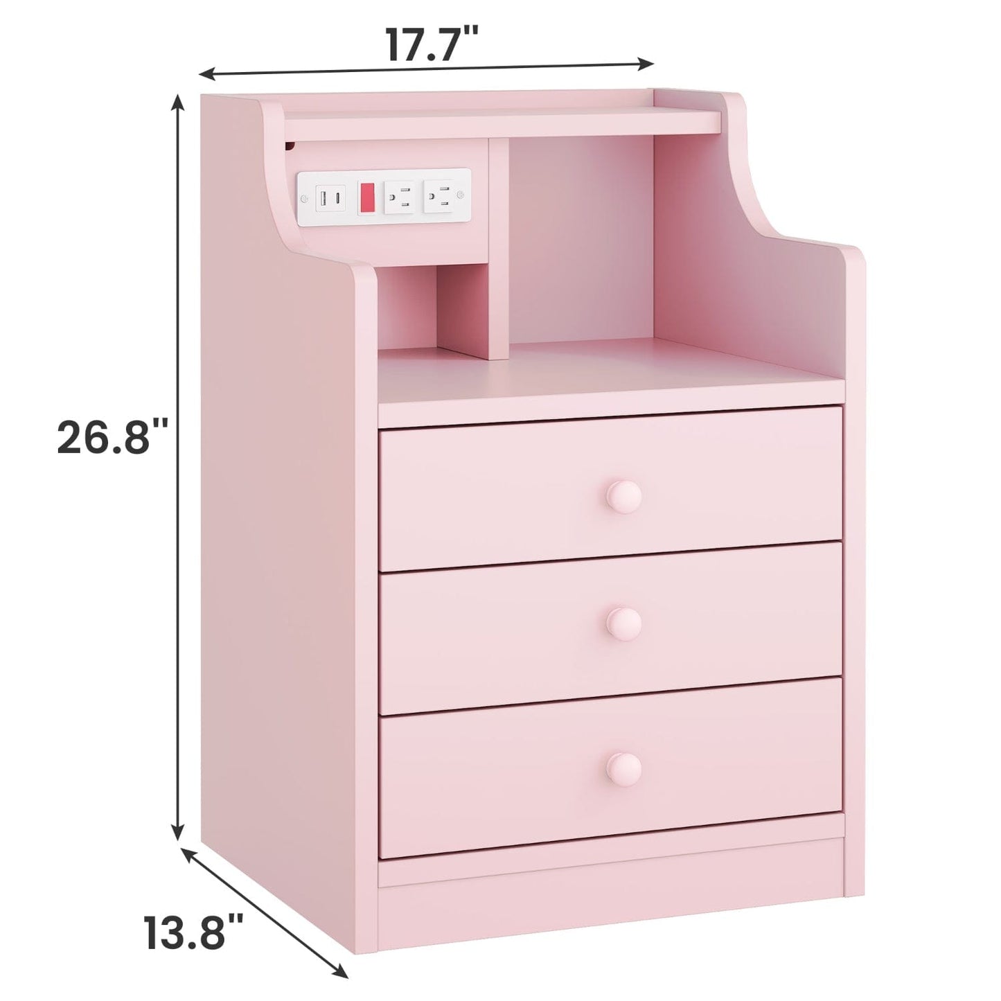 LED Nightstand with 3 Storage Drawers Pink
