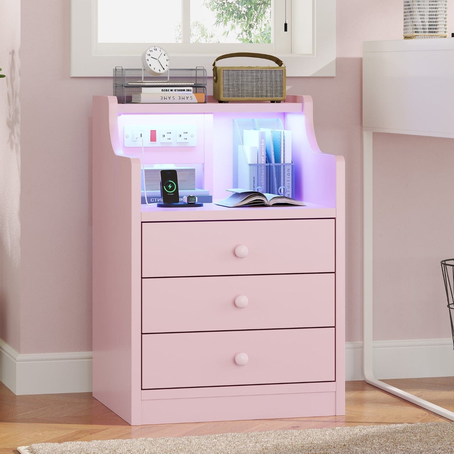 LED Nightstand with 3 Storage Drawers Pink