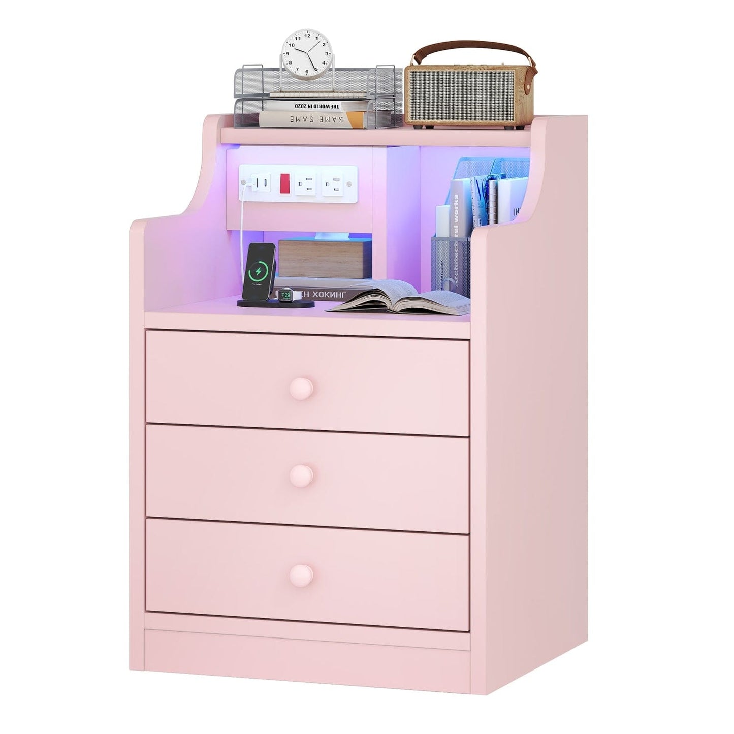 LED Nightstand with 3 Storage Drawers Pink