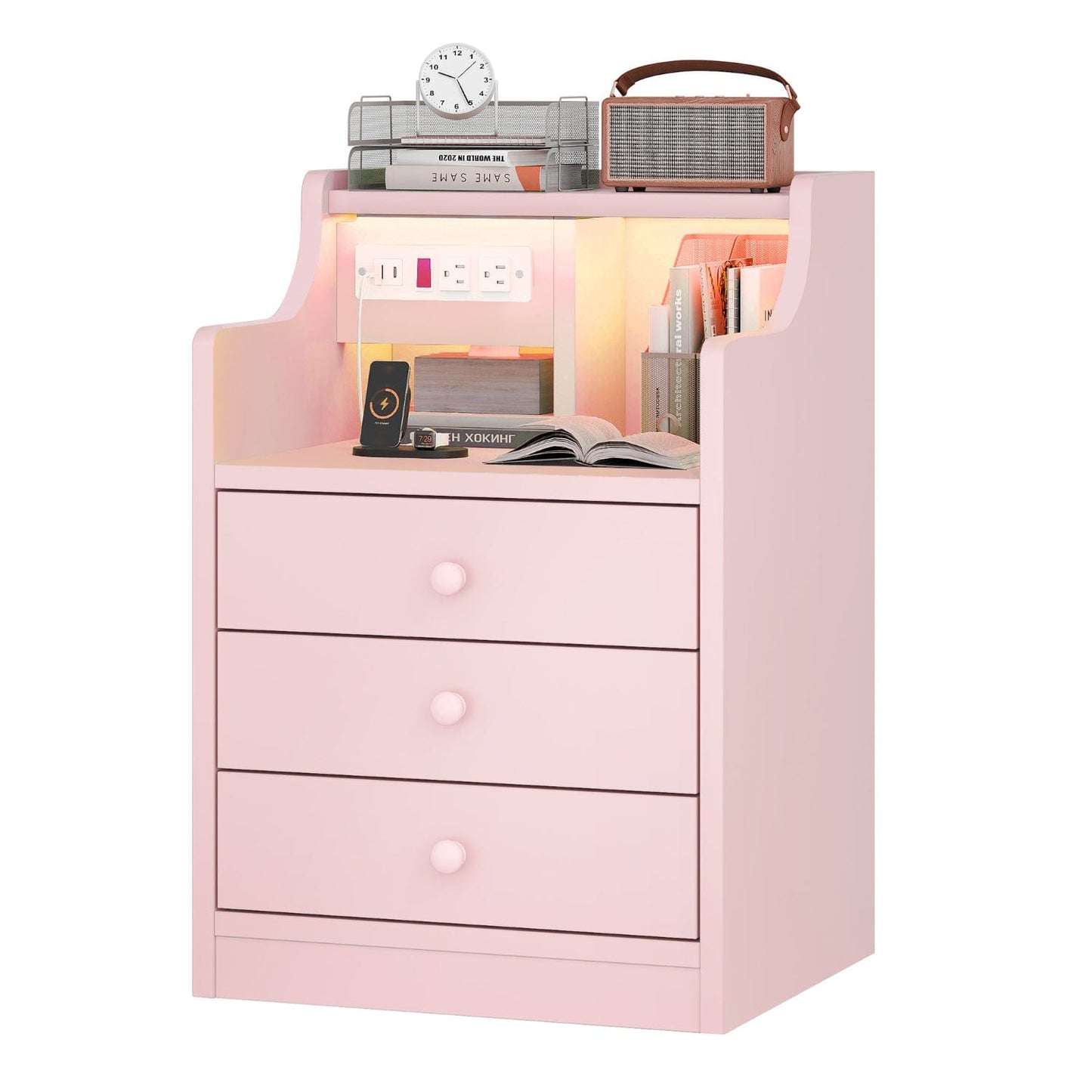 LED Nightstand with 3 Storage Drawers Pink
