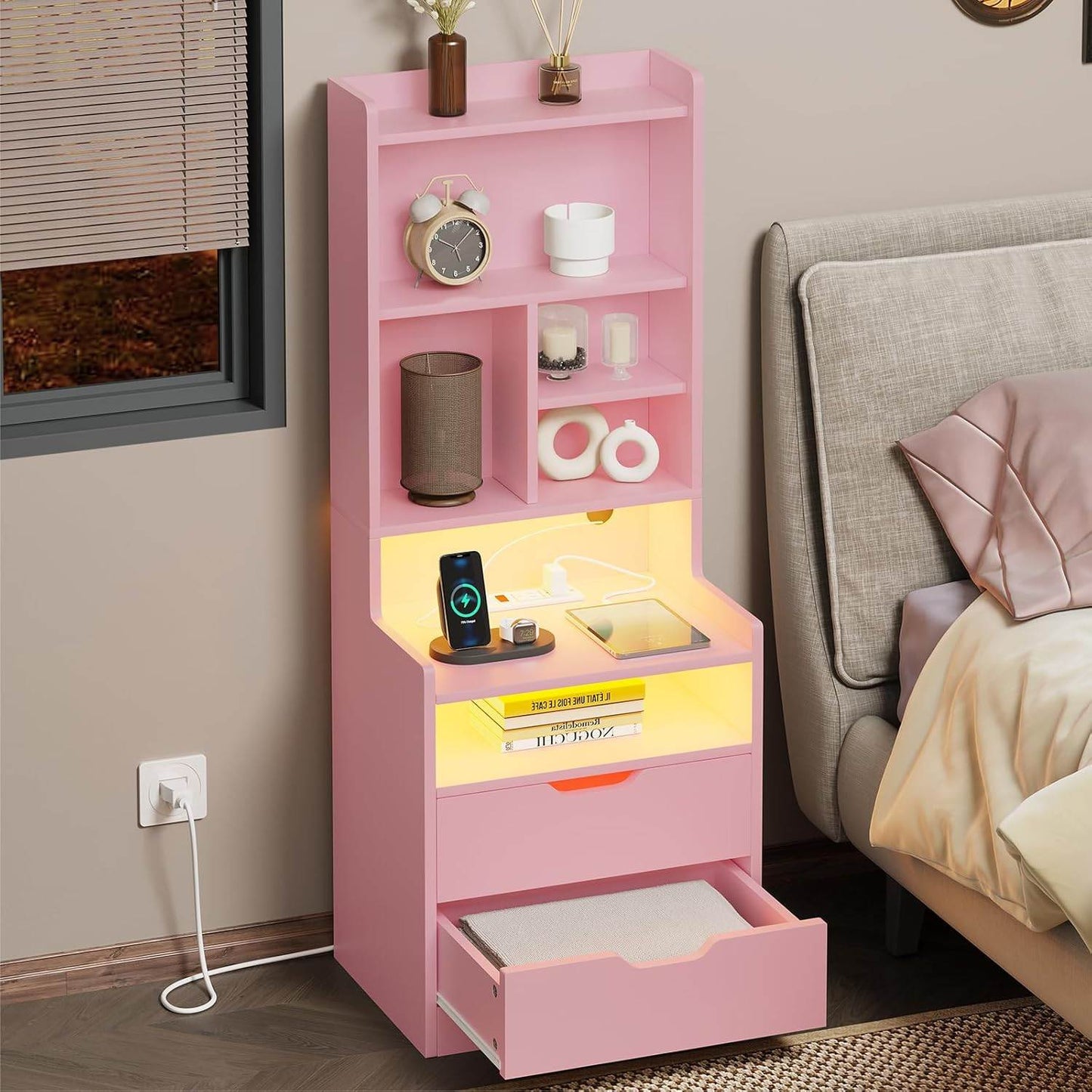 2PCS LED Tall Nightstand with Bookshelf Charging Station Pink